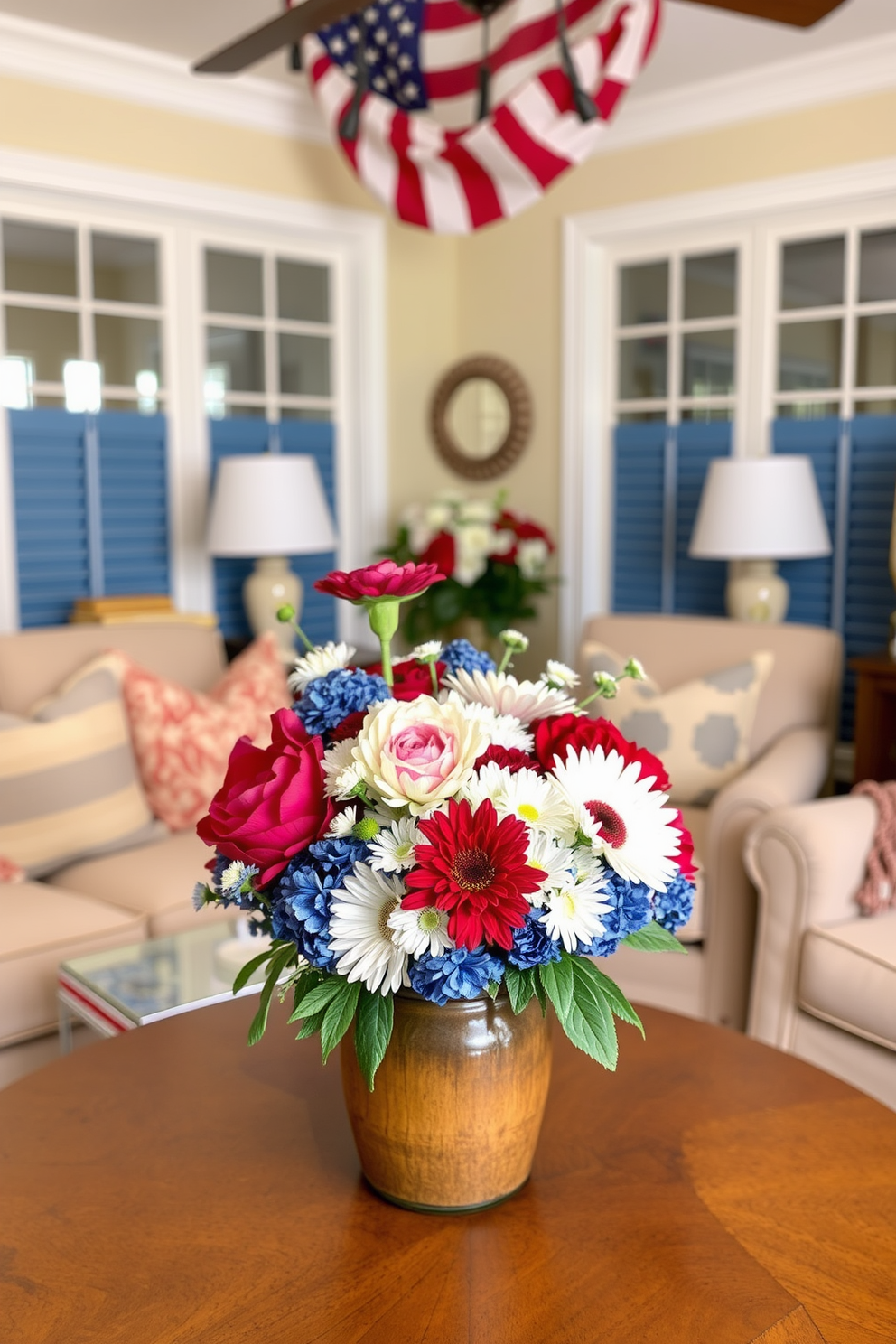 A small living room is adorned with vibrant red white and blue floral arrangements that celebrate Memorial Day. The arrangement features a mix of peonies and daisies in a rustic vase placed on a coffee table surrounded by cozy seating.