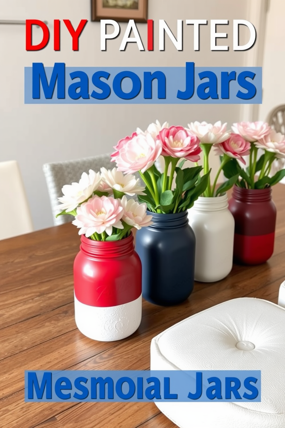 A collection of DIY painted mason jars arranged as decorative accents for a Memorial Day celebration. The jars are painted in red, white, and blue hues, filled with fresh flowers, and placed on a rustic wooden table. Creative small space decorating ideas that maximize functionality while maintaining style. Incorporate multi-purpose furniture, such as a foldable dining table and storage ottomans, to enhance the living area without overwhelming the space.