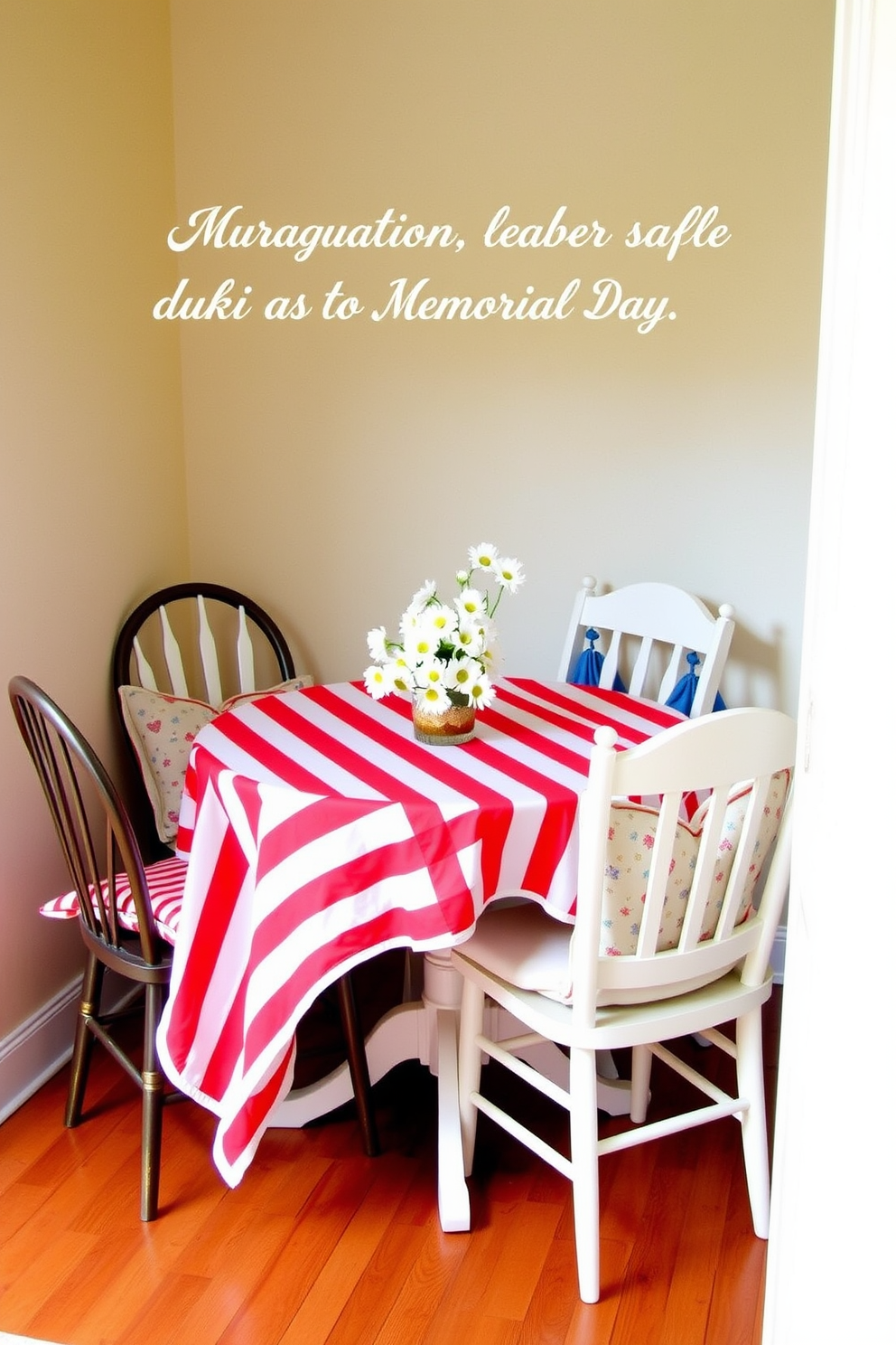 A cozy dining nook featuring a red and white striped tablecloth draped over a small round table. Surrounding the table are four mismatched chairs, each adorned with festive cushions, creating a welcoming atmosphere for Memorial Day celebrations. The walls are painted a soft cream color, enhancing the brightness of the space. A small vase filled with fresh daisies sits at the center of the table, adding a touch of summer charm to the decor.