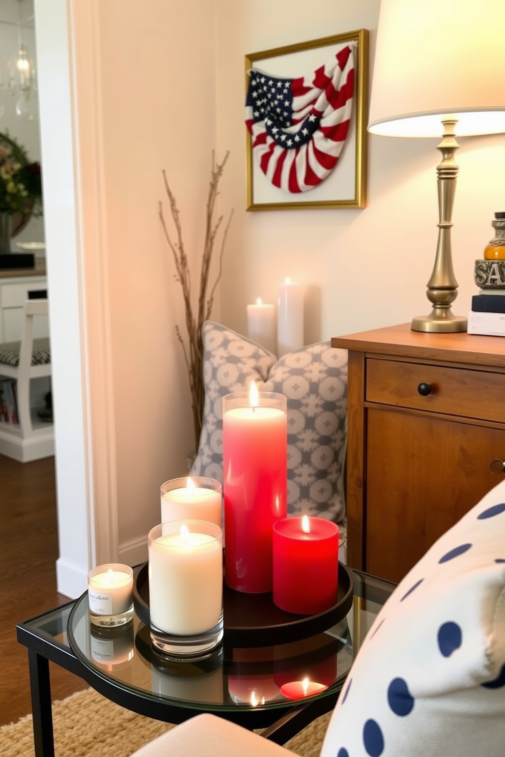 A cozy corner featuring scented candles in red, white, and blue hues, elegantly arranged on a small table. The backdrop is adorned with subtle patriotic decor, creating a warm and inviting atmosphere for Memorial Day celebrations. In a compact living area, use minimalistic furniture to enhance the space while incorporating decorative elements that reflect the holiday spirit. Soft lighting from the candles adds a touch of warmth, making the area feel both festive and comfortable.