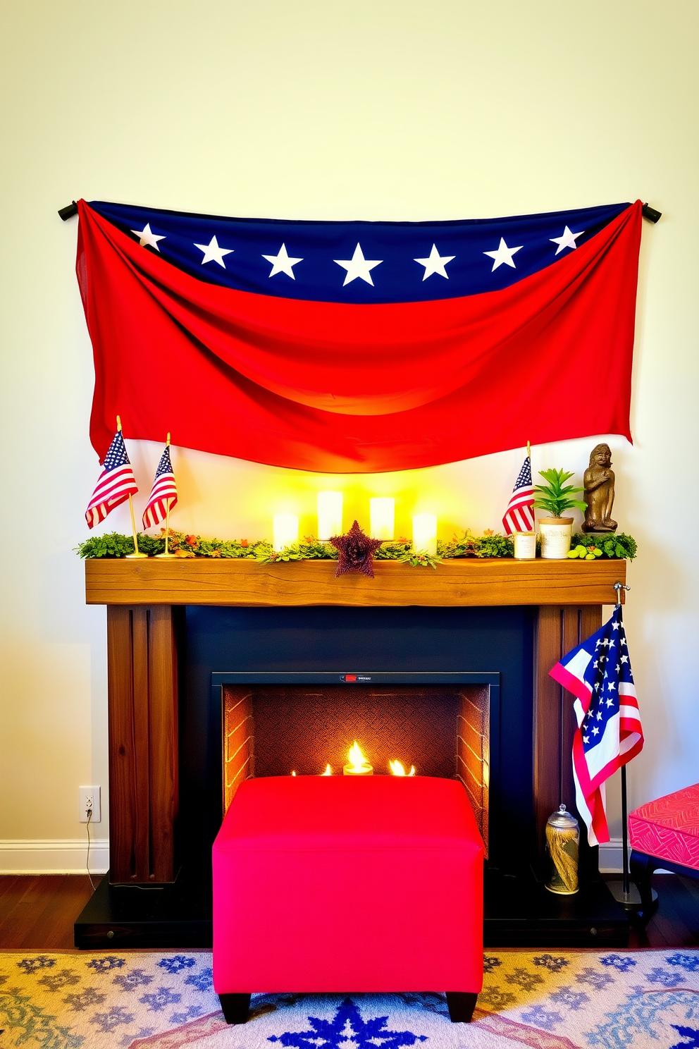 A star spangled banner elegantly drapes over a rustic wooden mantel adorned with small American flags and seasonal decor. The warm glow of candles on the mantel complements the patriotic theme while creating a cozy atmosphere. In a small living space, utilize multifunctional furniture such as a stylish ottoman that doubles as storage. Incorporate bright colors and bold patterns to make the area feel more spacious and inviting.