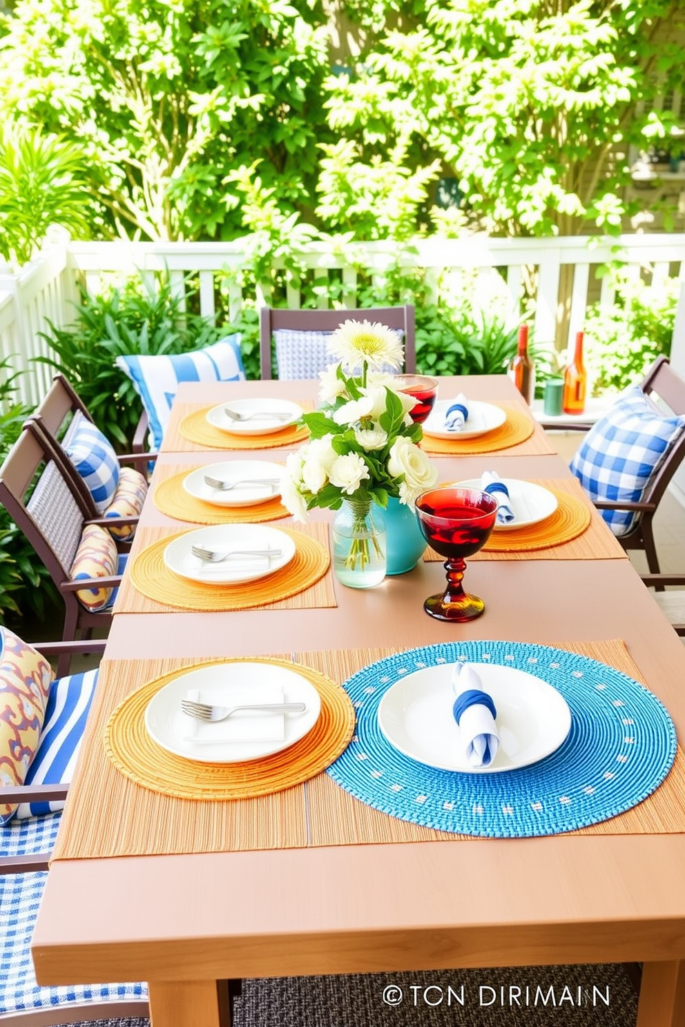 A vibrant outdoor dining setup featuring colorful placemats in shades of blue, yellow, and orange. The table is set with matching dinnerware and surrounded by lush greenery, creating a cheerful atmosphere for Memorial Day celebrations. Clever small space decorating ideas that maximize functionality and style. Incorporate multifunctional furniture pieces and light color palettes to create an open and inviting environment.