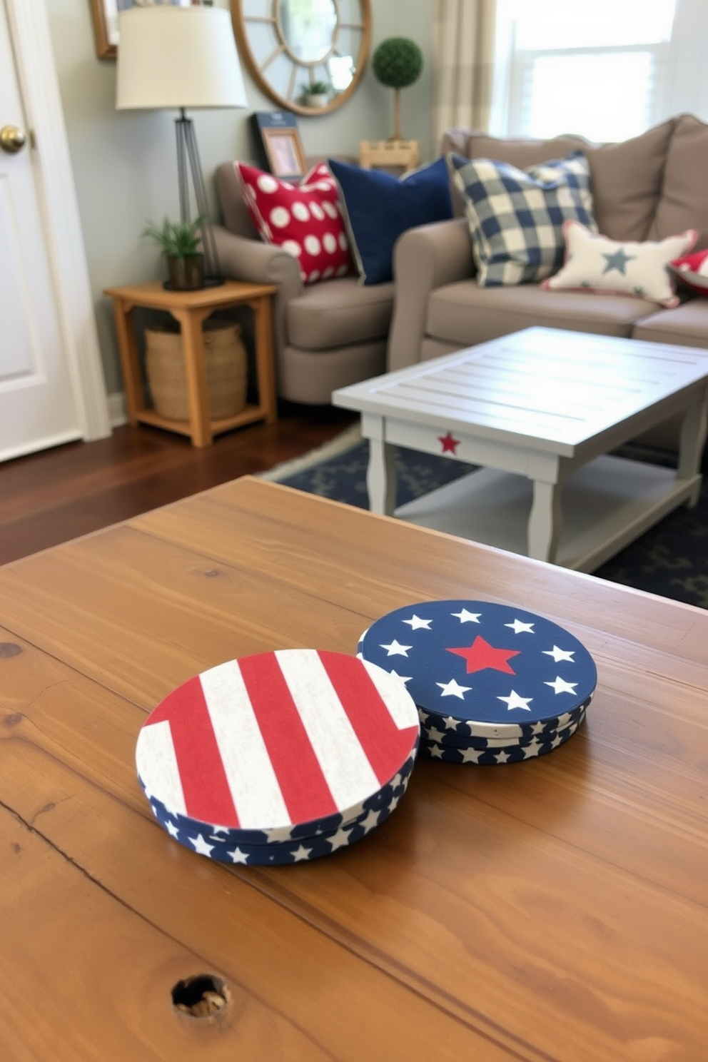 Patriotic themed coasters are placed on a rustic wooden table, featuring designs of red, white, and blue stars and stripes. The coasters add a festive touch to the setting, perfect for celebrating Memorial Day with family and friends. In a cozy living room, small space decorating ideas are showcased with clever use of vertical storage and multi-functional furniture. A compact sofa is paired with a stylish coffee table that doubles as a storage unit, maximizing the use of limited space.