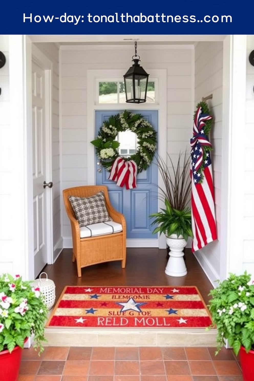 A festive door mat for the entrance featuring a patriotic design with red white and blue colors. The mat is adorned with stars and stripes creating a welcoming atmosphere for Memorial Day celebrations. Small space decorating ideas that incorporate multifunctional furniture to maximize utility and style. Use light colors and mirrors to create an illusion of space while adding decorative elements that reflect personal taste.