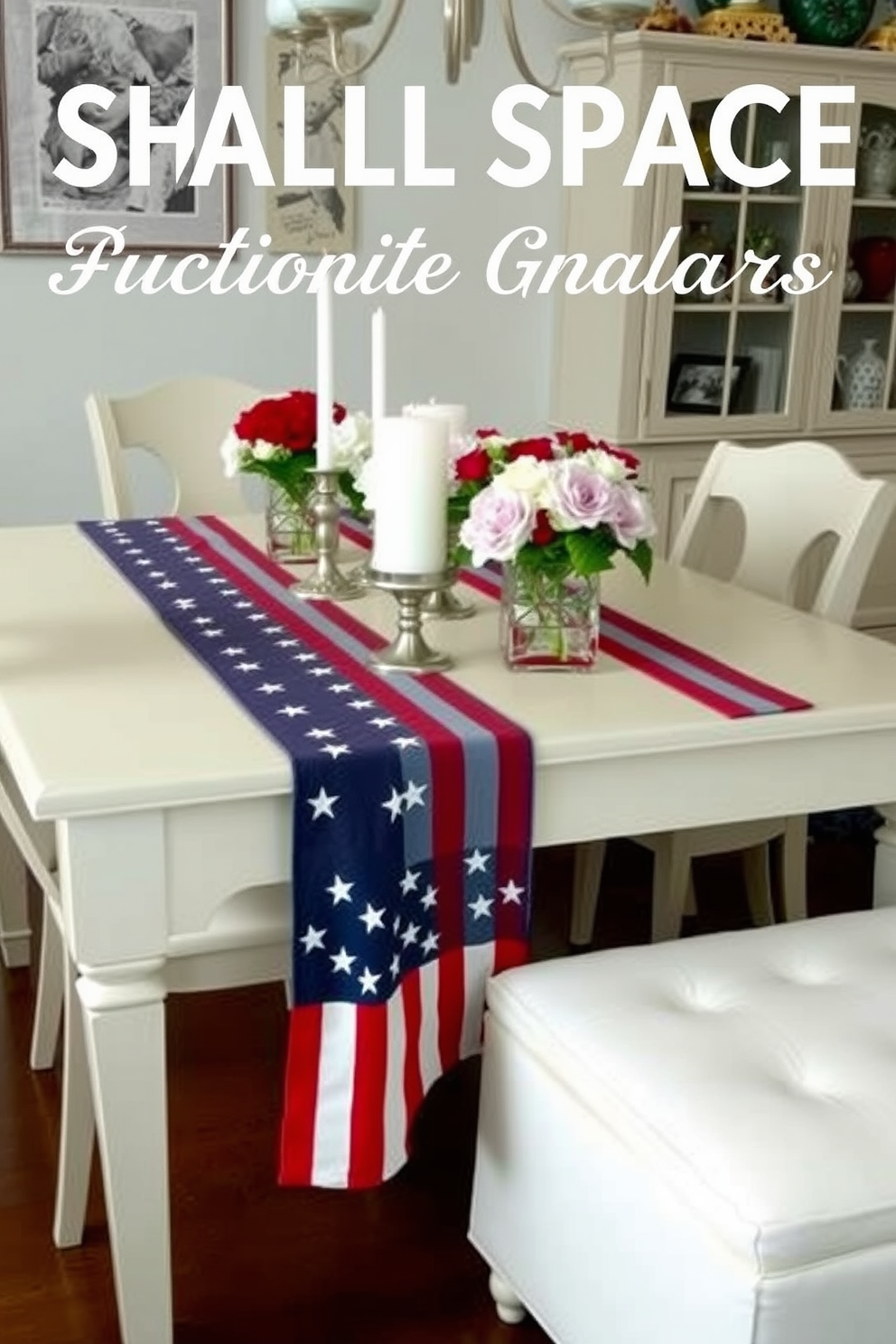 A patriotic table runner drapes elegantly across a dining table adorned with fresh flowers and candles. The runner features red white and blue stripes with subtle star patterns adding a festive touch for Memorial Day celebrations. Small space decorating ideas focus on maximizing functionality while maintaining style. Use multi-purpose furniture like a storage ottoman and incorporate light colors to create an airy feel in compact areas.