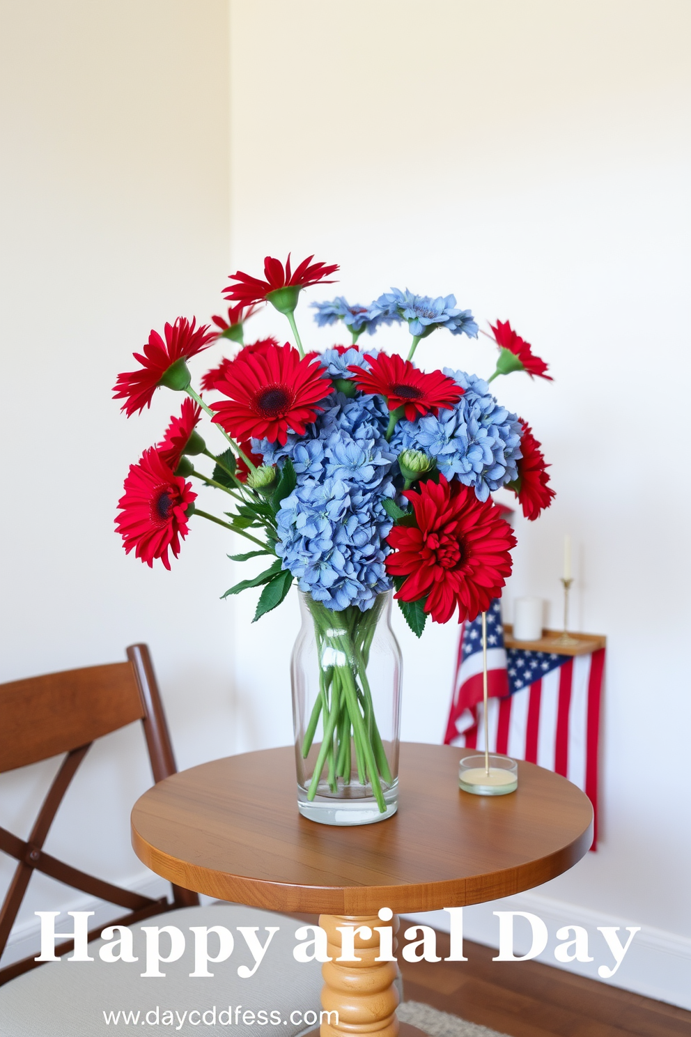 A vibrant arrangement of red and blue flowers in a clear glass vase sits on a small wooden table. The background features a minimalist decor style with light-colored walls and a cozy chair, creating a festive yet inviting atmosphere for Memorial Day. The flower arrangement includes fresh daisies and hydrangeas, beautifully contrasting against the table's natural wood finish. Simple decorative accents like a small flag and a candle add a touch of patriotism while maintaining a clean and stylish look in the limited space.