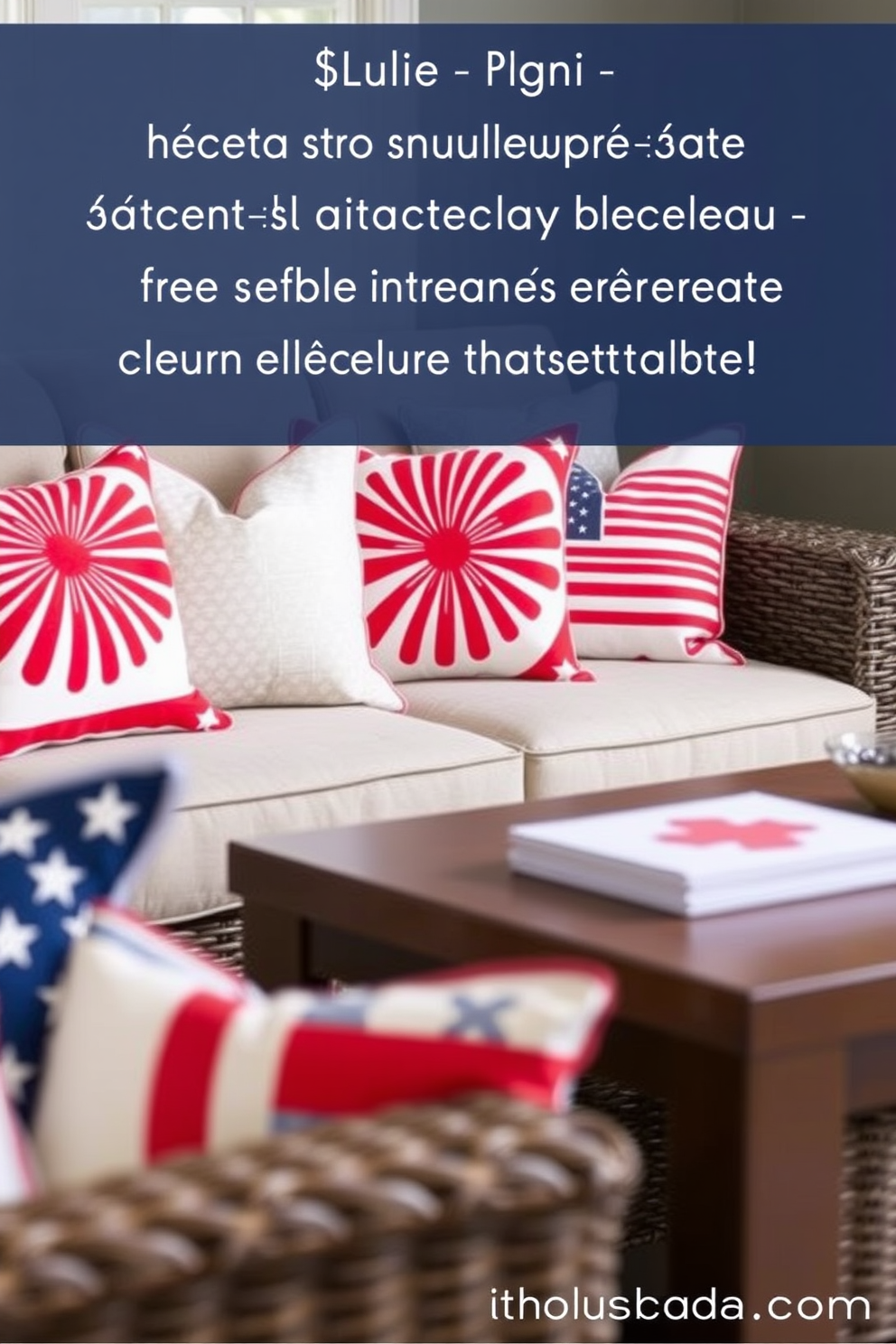 Patriotic themed cushions adorn a cozy seating area, featuring bold red, white, and blue patterns that celebrate Memorial Day. The cushions are complemented by a neutral-toned sofa, creating a vibrant yet inviting atmosphere. Small space decorating ideas focus on maximizing functionality while maintaining style. Clever storage solutions and multi-purpose furniture enhance the space, ensuring it feels open and welcoming.