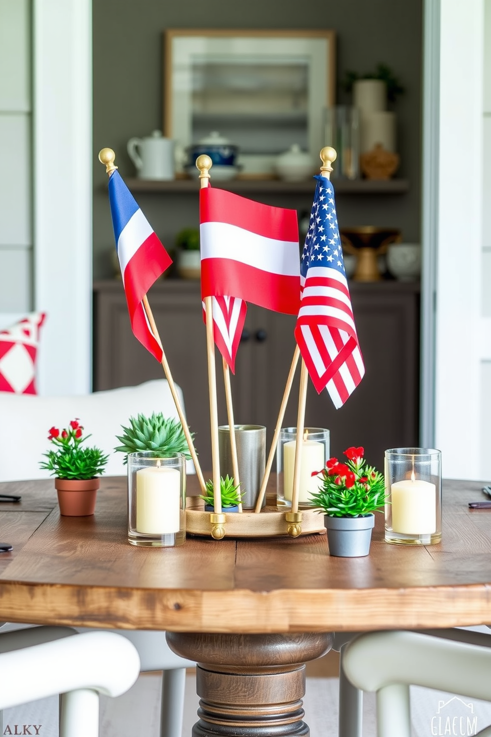 Tabletop flags in vibrant red white and blue colors are arranged on a rustic wooden table creating a festive atmosphere for Memorial Day. Surrounding the flags are small potted plants and candles that enhance the cheerful and patriotic theme of the space. For small space decorating ideas consider using multifunctional furniture pieces that maximize utility without sacrificing style. Incorporate light colors and mirrors to create an illusion of spaciousness while adding decorative elements that reflect your personal style.