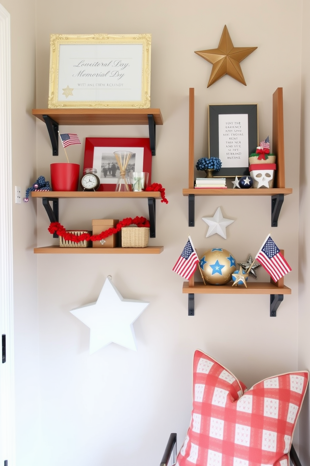 Create a cozy small space that features wall-mounted shelves adorned with themed decor for Memorial Day. The shelves are filled with red white and blue accents including small flags and star shaped ornaments creating a festive yet elegant atmosphere.