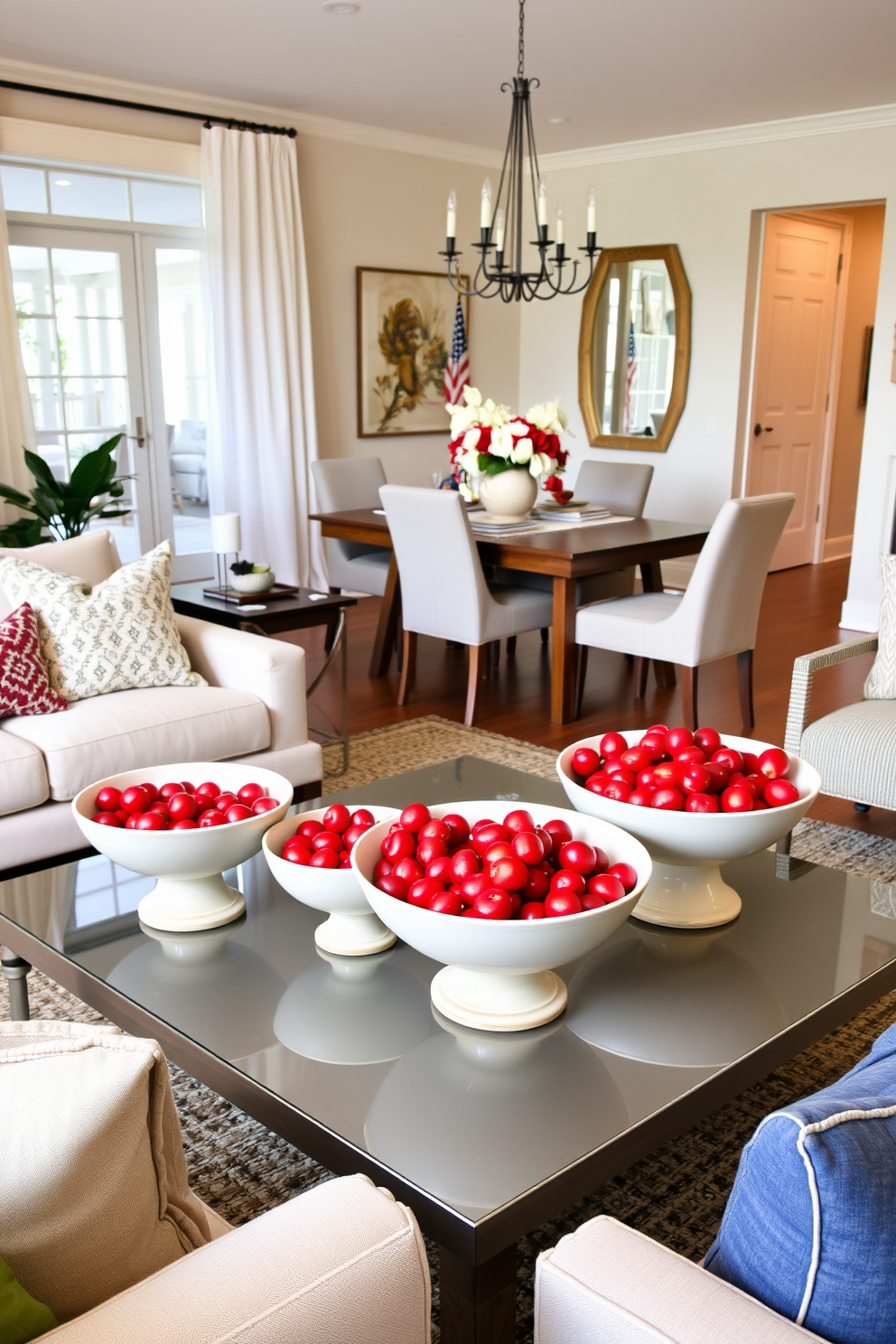 A cozy living room featuring decorative bowls filled with vibrant red fruit. The bowls are artfully arranged on a sleek coffee table surrounded by plush seating and soft throw pillows. A festive dining area set for Memorial Day with a patriotic color scheme. The table is adorned with a centerpiece of red, white, and blue decorations, complemented by seasonal flowers in elegant vases. A stylish small space designed for maximum functionality. The layout includes multi-purpose furniture and clever storage solutions, creating an inviting atmosphere without sacrificing style.