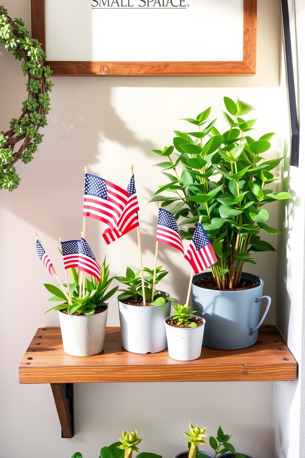 Create a cozy small space featuring small potted plants with flag picks to celebrate Memorial Day. Arrange the plants on a rustic wooden shelf, complemented by soft, natural lighting that enhances the vibrant greens and festive colors.