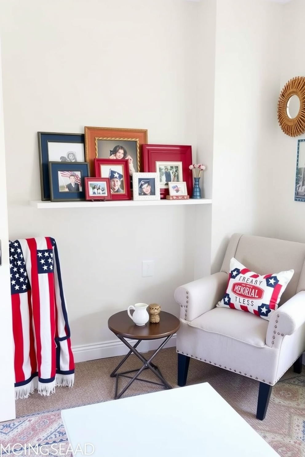 A collection of patriotic themed picture frames is arranged on a small shelf, showcasing family photos and mementos from past Memorial Day celebrations. The frames are adorned in red, white, and blue colors, adding a festive touch to the decor. In a cozy living room corner, small space decorating ideas are implemented with a compact coffee table and a stylish armchair. Decorative elements like a patriotic throw blanket and cushions complement the theme while maximizing comfort and functionality.