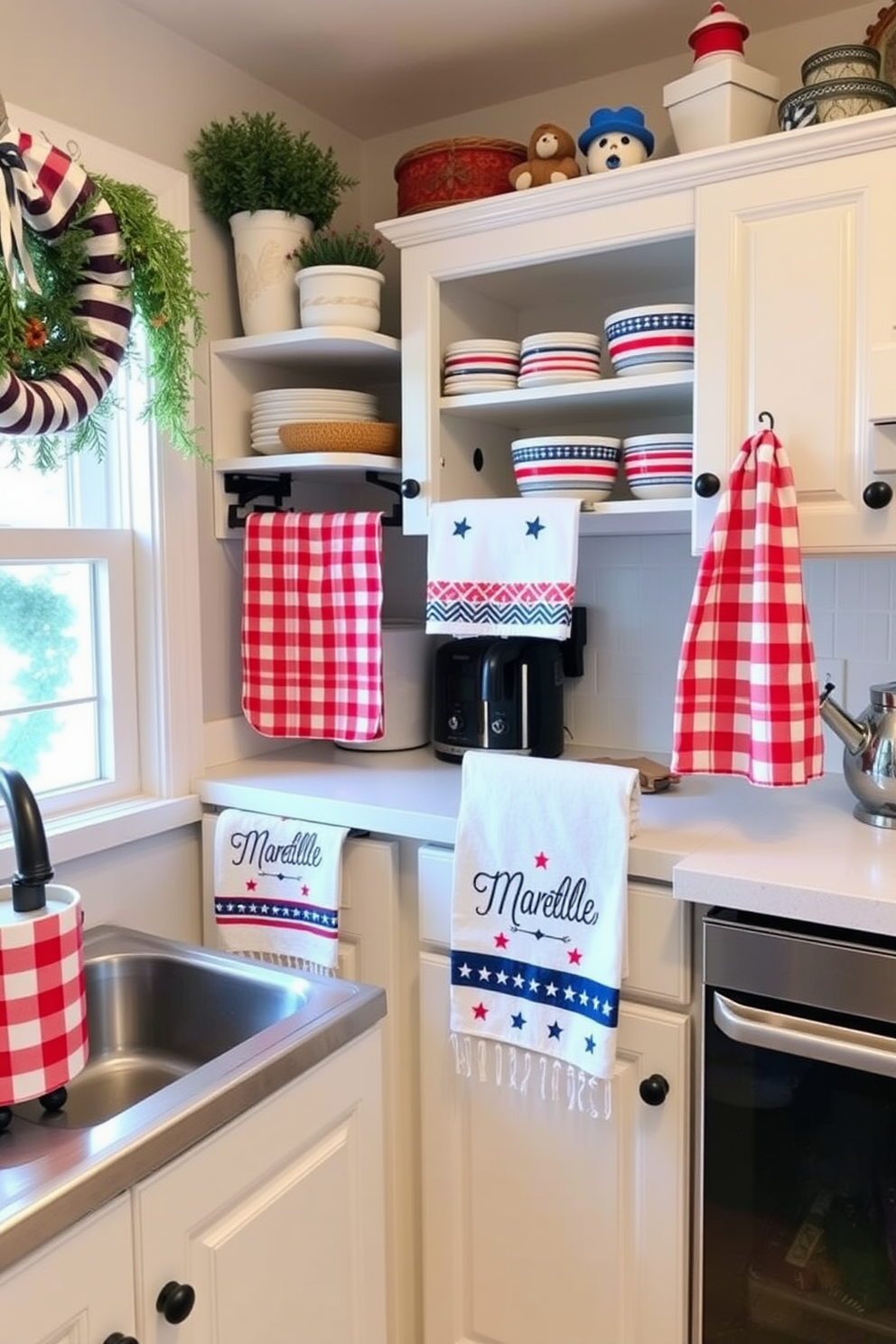 A cozy kitchen adorned with seasonal dish towels featuring red white and blue patterns for Memorial Day. The space is efficiently organized with smart storage solutions and decorative accents that enhance the small area while maintaining functionality.