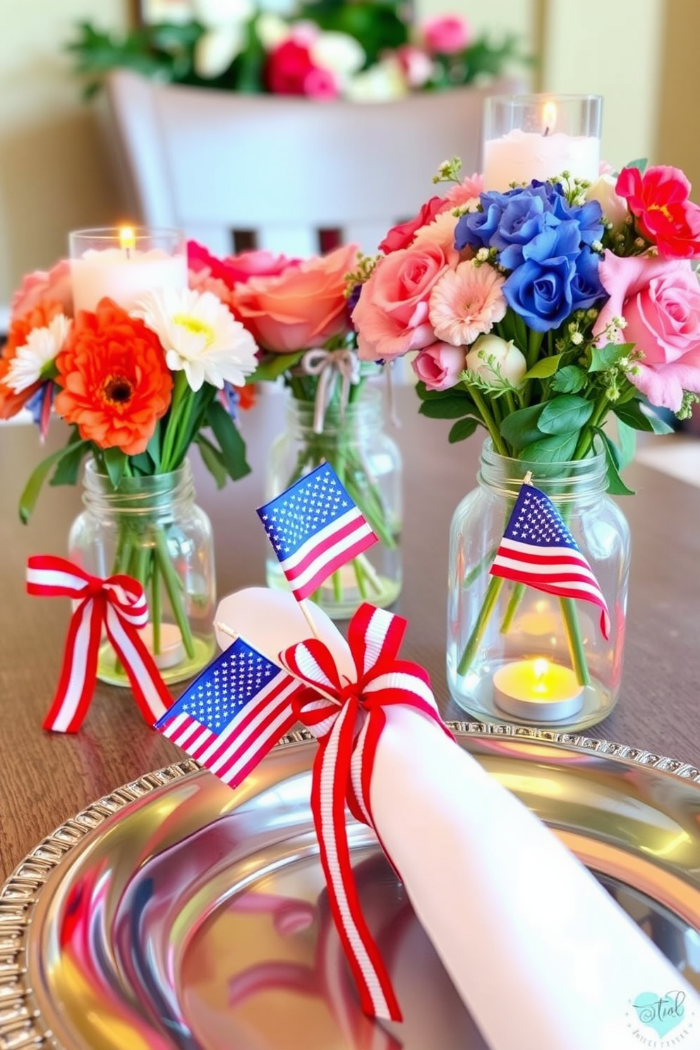 Festive napkin rings for table settings. Each napkin ring is adorned with red white and blue ribbons and miniature flags creating a patriotic theme. Memorial Day small space decorating ideas. Use a combination of fresh flowers in mason jars and strategically placed candles to evoke a warm and inviting atmosphere.