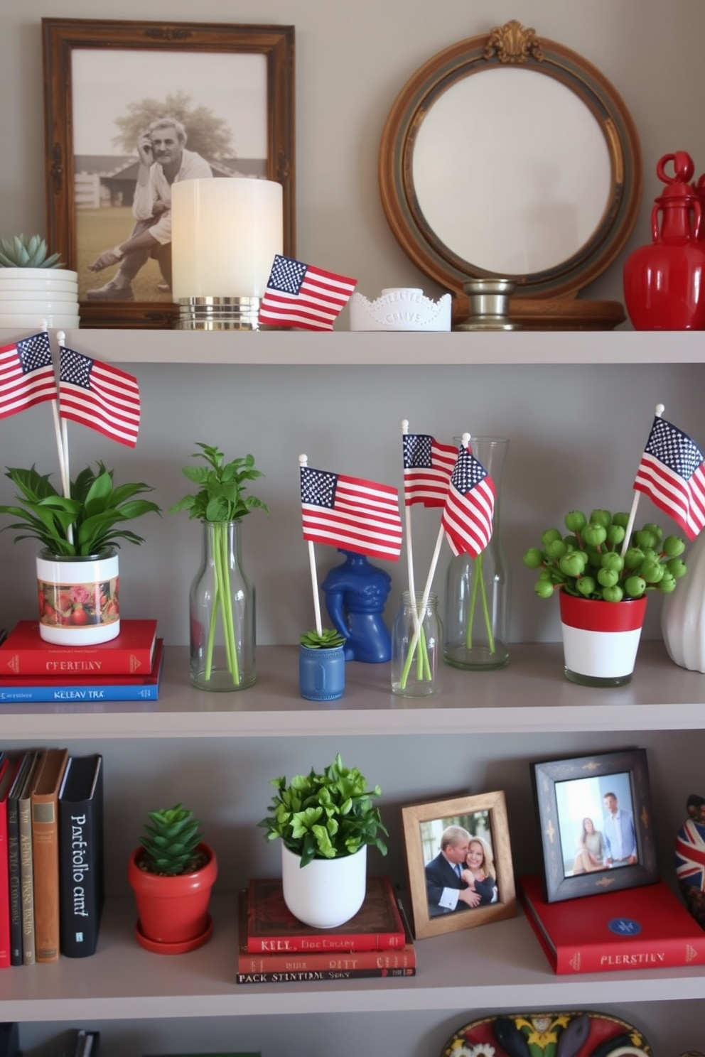 Miniature flags in glass vases are arranged as centerpieces on shelves, celebrating Memorial Day with a touch of patriotism. The shelves are adorned with red, white, and blue accents, creating a festive atmosphere in a cozy living space. Incorporate small potted plants alongside the flags for a fresh and vibrant look. Use decorative books and family photos to add personal touches while keeping the arrangement visually balanced.