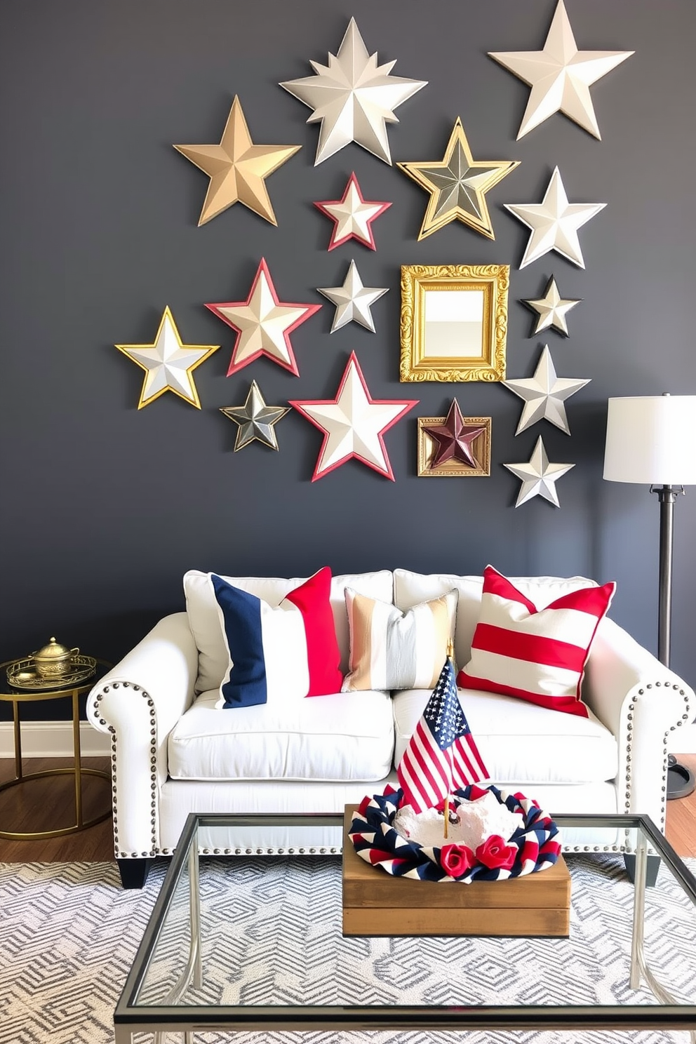 Star shaped wall decor for accents. Incorporate various sizes of star-shaped frames in gold and silver tones to create a dynamic visual interest on the wall. Memorial Day small space decorating ideas. Use red white and blue throw pillows on a compact sofa and add a small flag centerpiece on the coffee table for a festive touch.