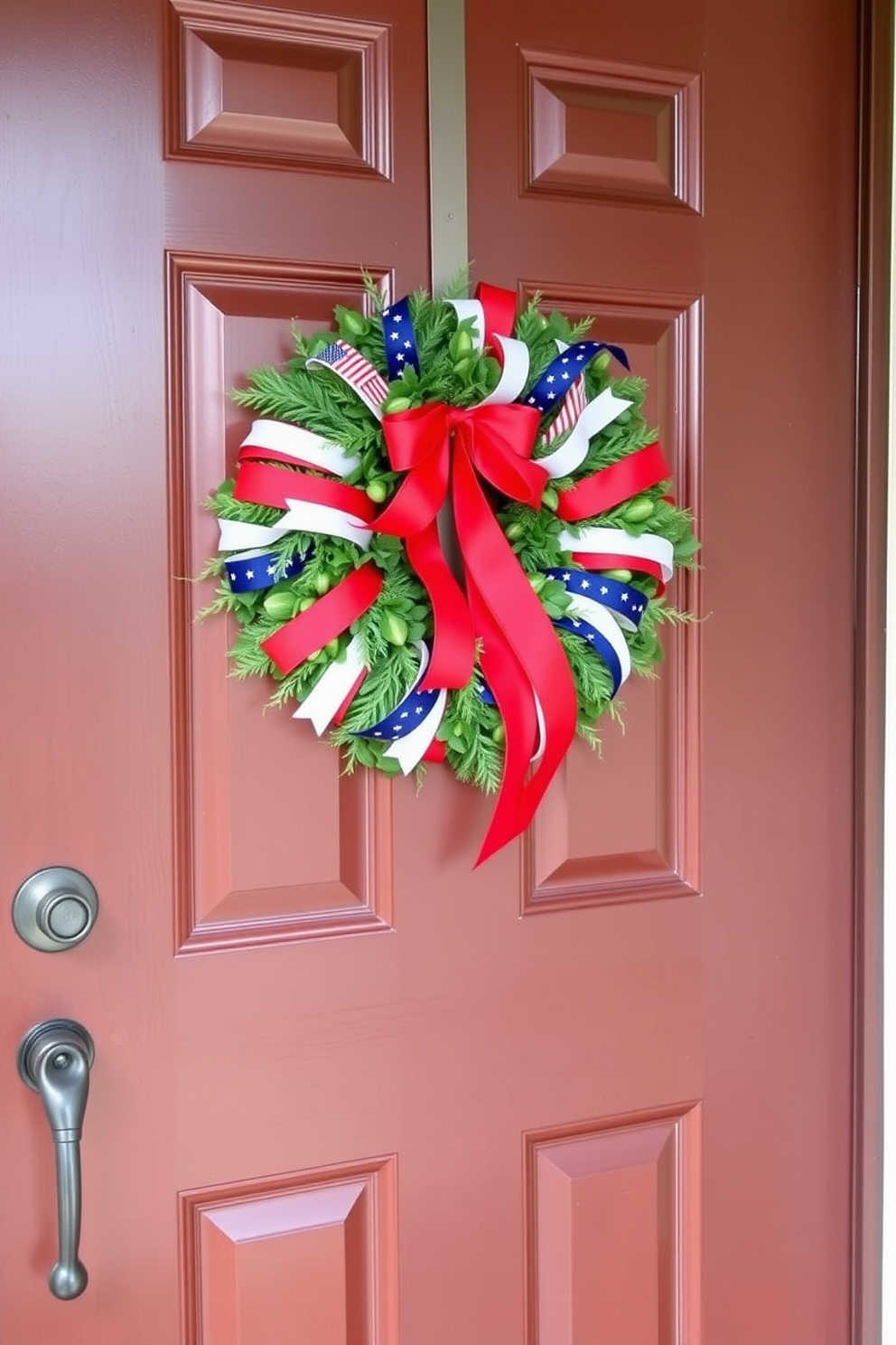 A festive wreath adorned with red white and blue ribbons hangs on the front door welcoming guests with a patriotic touch. The vibrant colors of the wreath contrast beautifully against the classic wooden door creating a warm and inviting entrance. For small space decorating ideas consider using multi-functional furniture to maximize utility without sacrificing style. Incorporate mirrors to create an illusion of space while adding decorative elements that reflect your personal style.