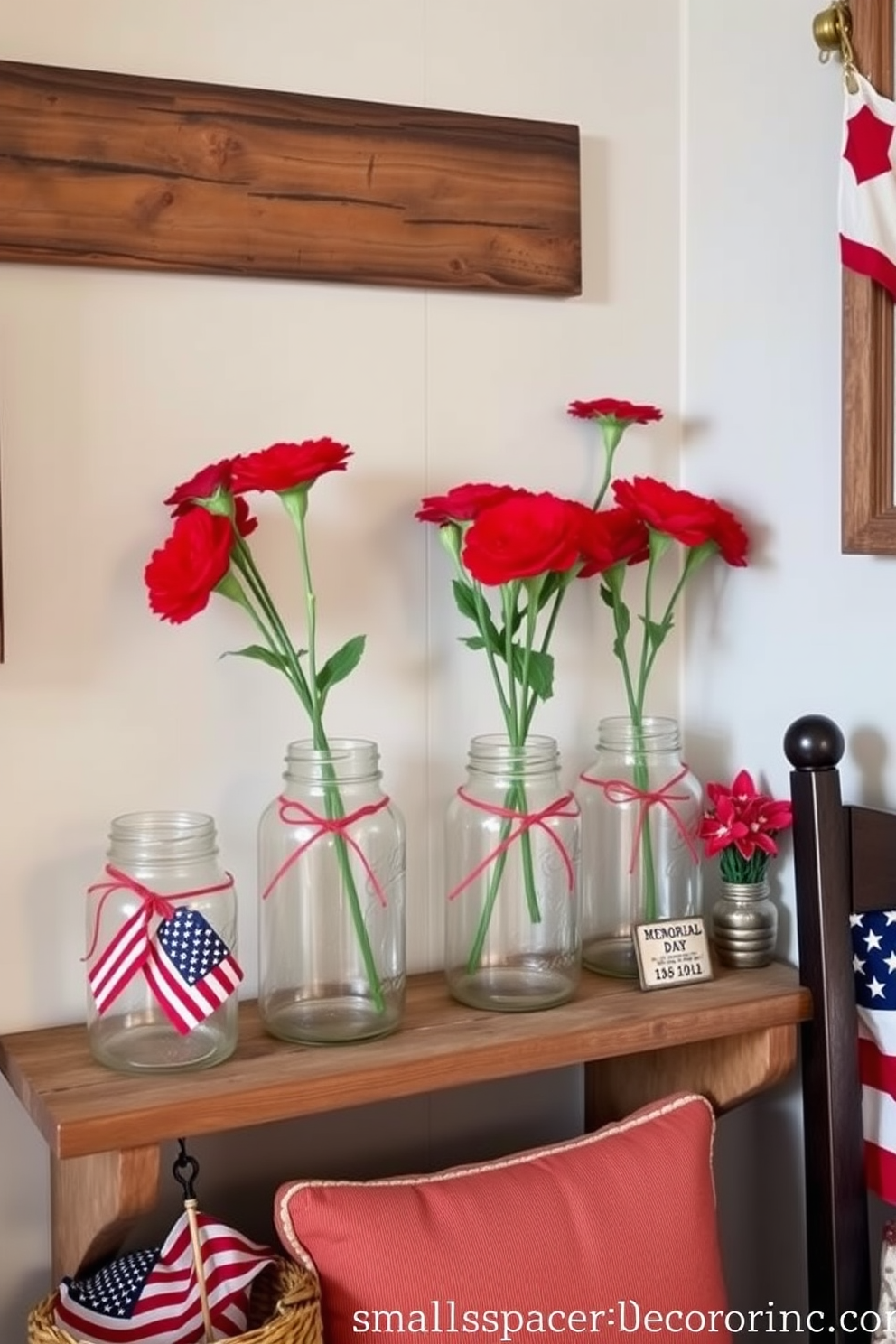 A cozy corner featuring vintage jars filled with vibrant red flowers. The jars are arranged on a rustic wooden shelf, complemented by subtle patriotic decorations for Memorial Day. The space is designed with small space decorating ideas in mind, utilizing vertical storage and multi-functional furniture. Soft lighting enhances the warm atmosphere, creating an inviting ambiance.