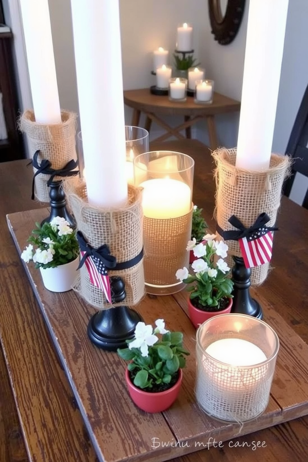 Candle holders wrapped in burlap are arranged on a rustic wooden table, adding a warm and inviting touch to the decor. Surrounding the candle holders are small potted plants and delicate white flowers, creating a serene atmosphere perfect for Memorial Day celebrations. In a cozy corner, a small space is transformed with creative decorating ideas featuring the burlap-wrapped candle holders. Soft lighting from the candles casts a gentle glow, enhancing the charm of the space while maintaining a festive yet understated elegance.