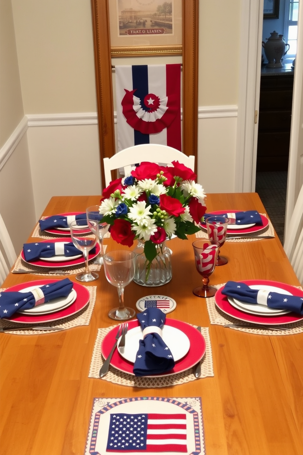 A charming table setting features red white and blue tableware that captures the spirit of Memorial Day. The plates are arranged neatly with coordinating napkins and glassware, creating a festive yet elegant atmosphere. In a small space, the table is adorned with a simple centerpiece of fresh flowers in patriotic colors. The overall decor is complemented by subtle accents like themed coasters and decorative placemats, enhancing the holiday spirit.