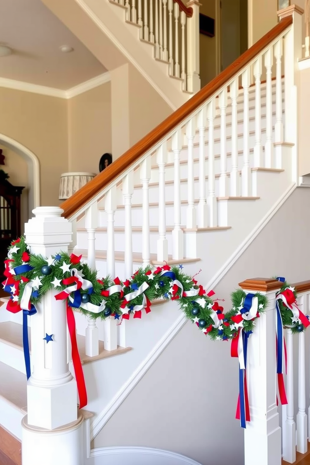 A stunning staircase adorned with a red white and blue garland that drapes elegantly along the banister. The garland is complemented by small decorative stars and ribbons, creating a festive atmosphere for Memorial Day celebrations.