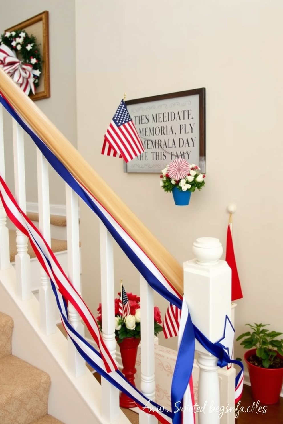 Festive ribbon wrapped around the railing creates a cheerful atmosphere for Memorial Day celebrations. The staircase is adorned with red white and blue accents including small flags and floral arrangements to honor the occasion.