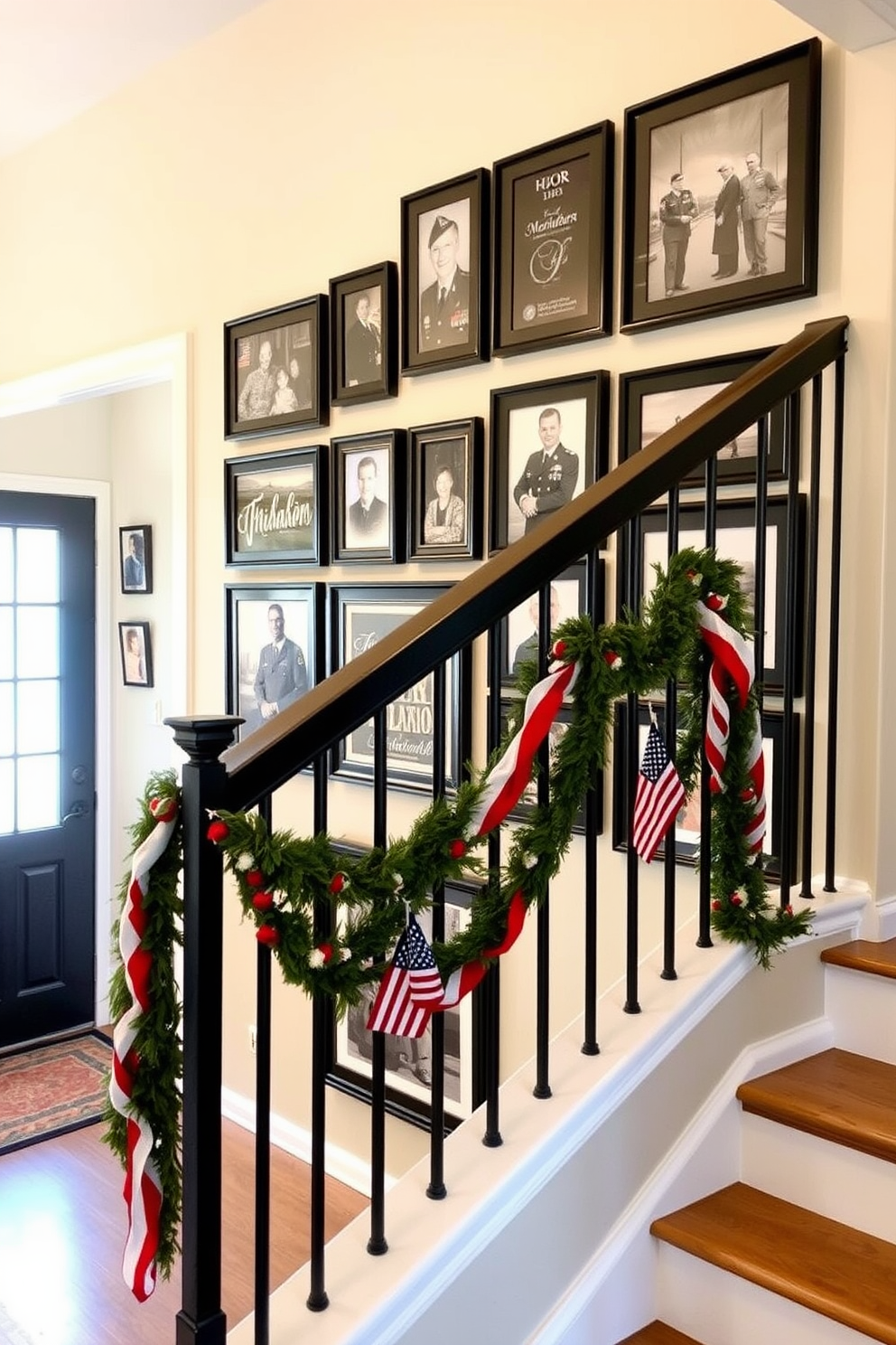 A memory wall adorned with family military photos captures the essence of honor and remembrance. The photos are framed in elegant black frames and arranged in a cohesive layout that tells a story of service and sacrifice. For Memorial Day, the staircase is decorated with patriotic elements such as red white and blue garlands and small American flags. Soft lighting highlights the photos while creating a warm and inviting atmosphere for guests to reflect and celebrate.