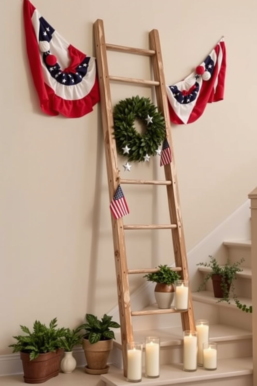 A decorative ladder is leaning against a wall adorned with red white and blue bunting. Small American flags and star shaped ornaments hang from the rungs creating a festive atmosphere for Memorial Day. The staircase is lined with potted plants and candles that complement the patriotic theme. Soft lighting highlights the decor enhancing the warm and inviting feel of the space.