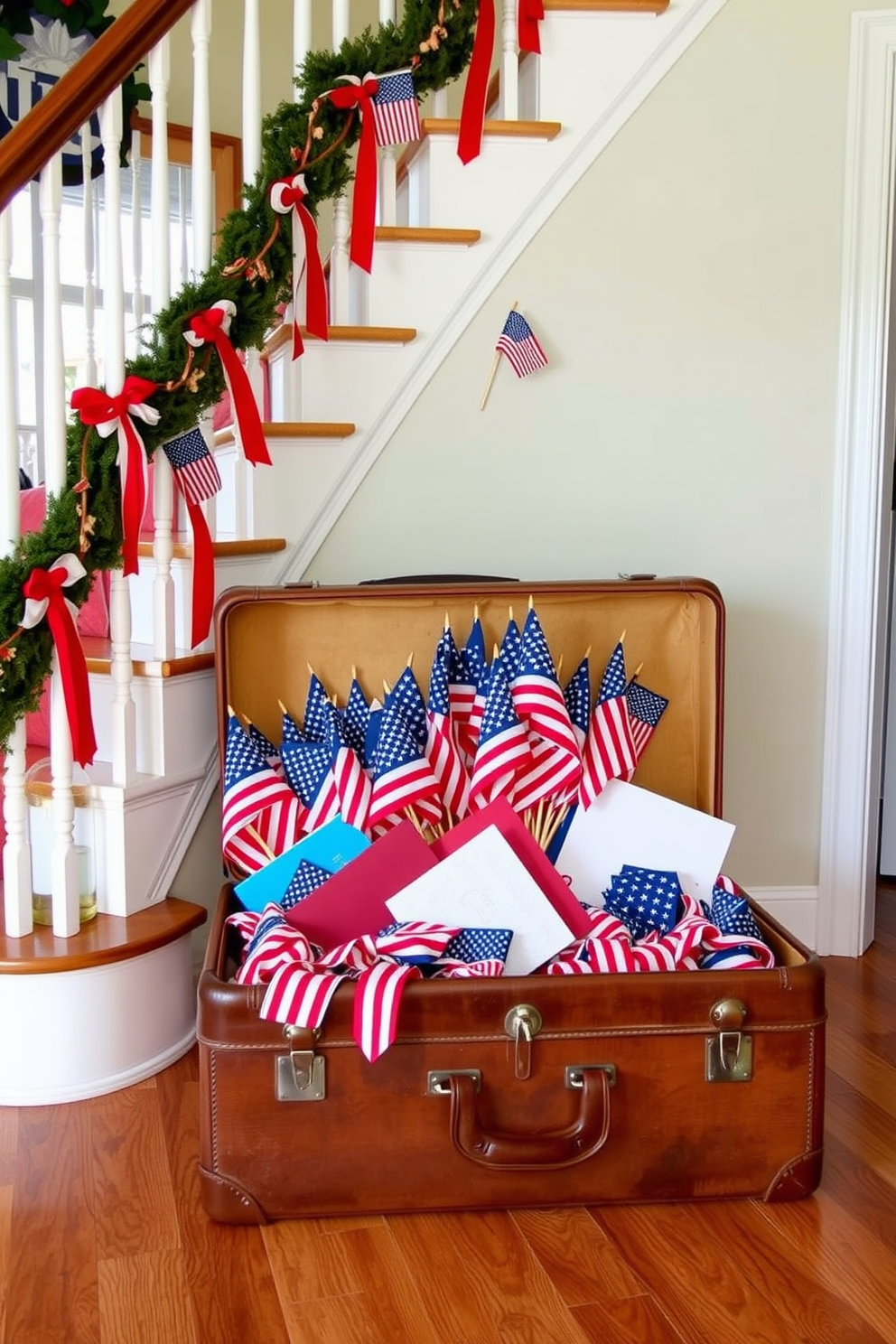 A vintage suitcase overflowing with colorful flags is displayed at the base of a beautifully decorated staircase. The staircase is adorned with red white and blue ribbons and small American flags, creating a festive atmosphere for Memorial Day celebrations.