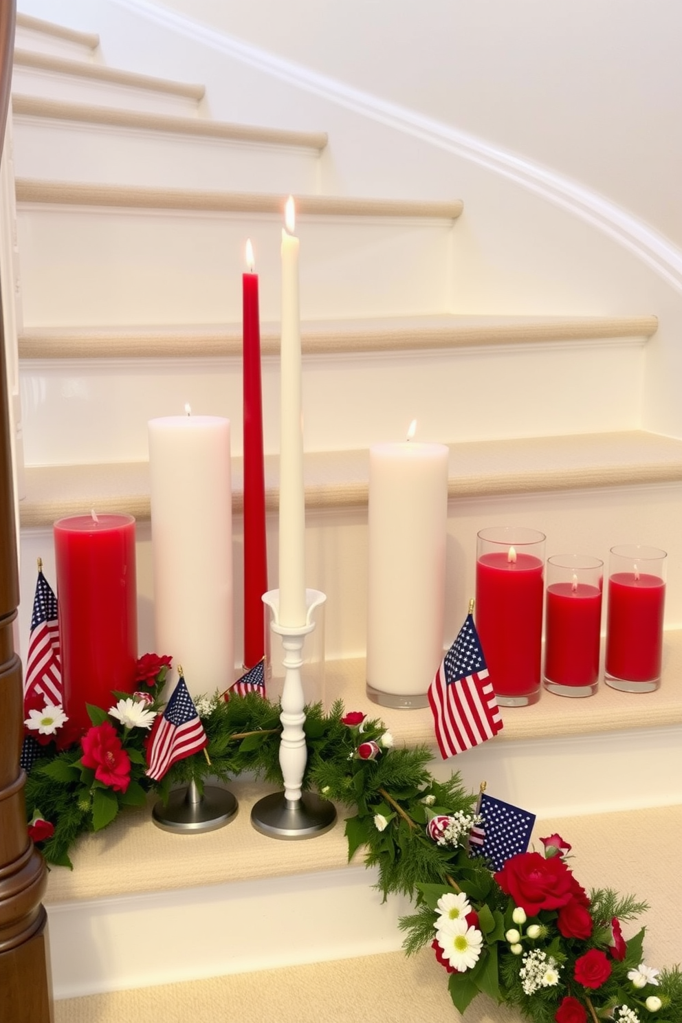 Red white and blue candles are arranged on the steps of a beautifully decorated staircase. The candles vary in height and are surrounded by small American flags and seasonal flowers for a festive Memorial Day look.