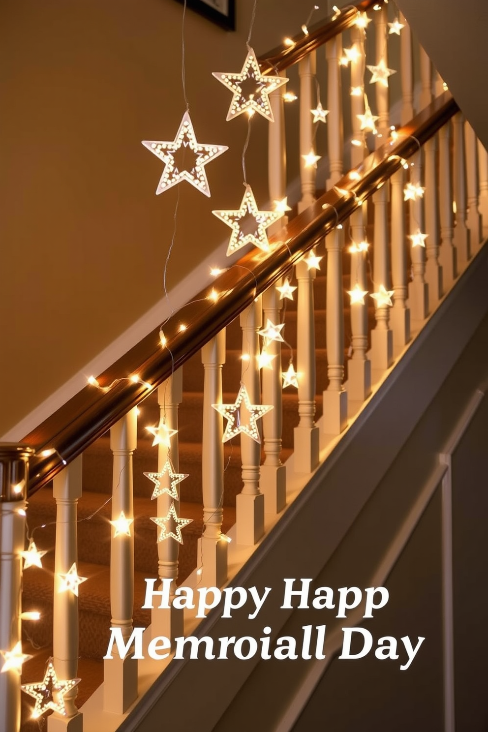 Star-shaped fairy lights are draped elegantly along the railing of a beautifully designed staircase. The warm glow of the lights creates a magical ambiance, perfect for celebrating Memorial Day.