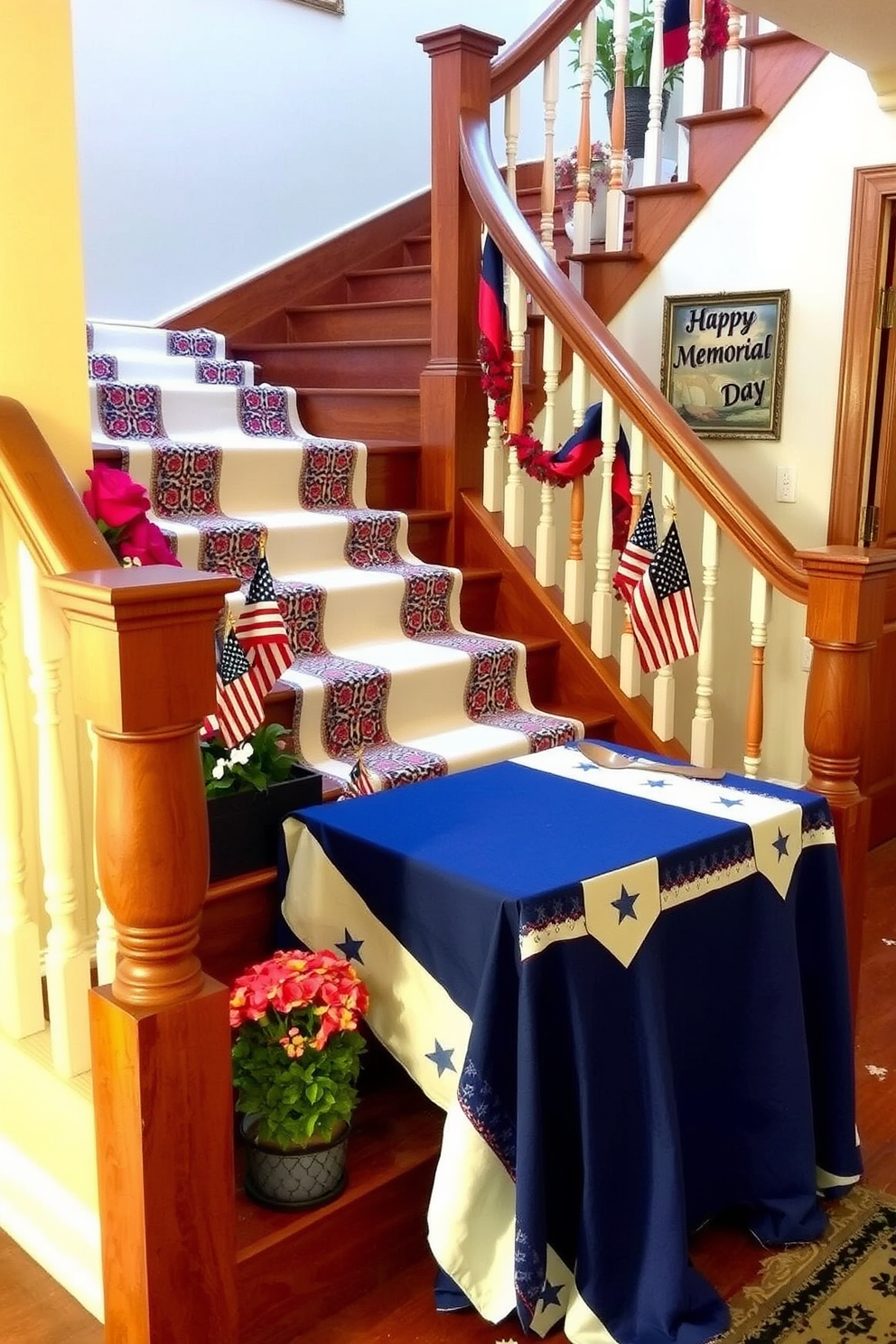 A patriotic tablecloth is elegantly draped over a beautifully crafted wooden staircase, adorned with festive red, white, and blue patterns. Surrounding the staircase are tasteful decorations, including small American flags and potted flowers, creating a warm and inviting atmosphere for Memorial Day celebrations.