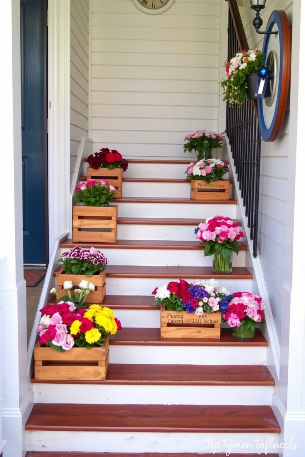 A charming staircase adorned with wooden crates filled with vibrant flowers. The crates are arranged on each step, creating a festive and inviting atmosphere for Memorial Day celebrations.