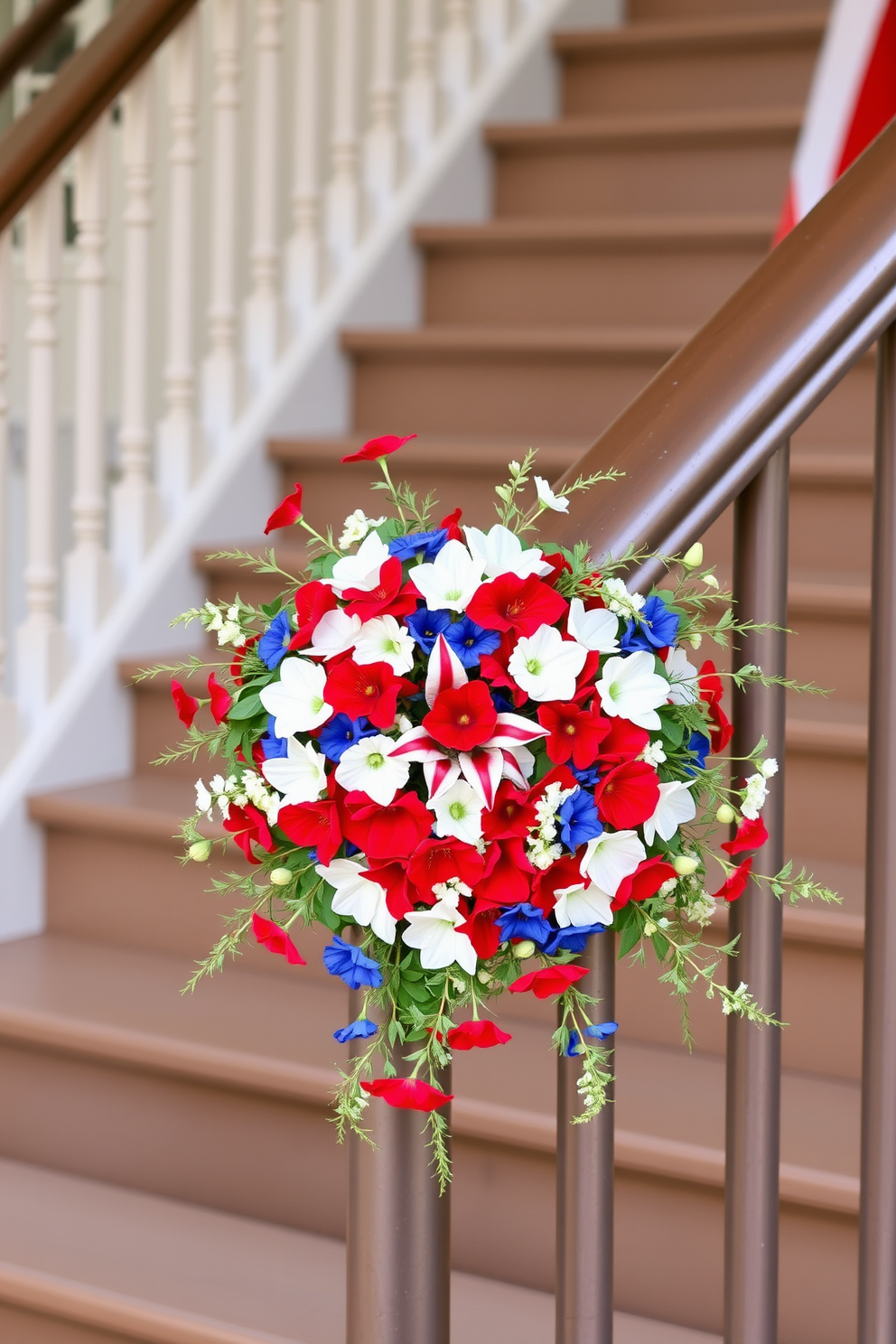 A beautiful patriotic wreath is elegantly displayed on the staircase railing adding a festive touch for Memorial Day. The wreath features vibrant red white and blue flowers intertwined with delicate greenery creating a welcoming atmosphere.