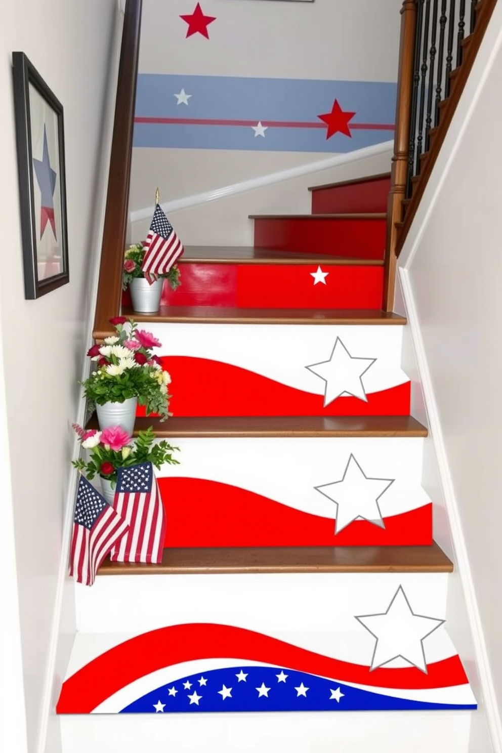 Patriotic themed wall decals are applied to the risers of a staircase, featuring stars and stripes in vibrant red, white, and blue. The staircase is adorned with small American flags and seasonal flowers, creating a festive and inviting atmosphere for Memorial Day celebrations.