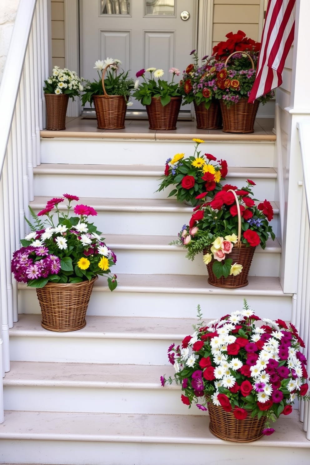 A charming staircase adorned with baskets filled with seasonal flowers. The steps are decorated with an array of vibrant blooms that celebrate the spirit of Memorial Day.