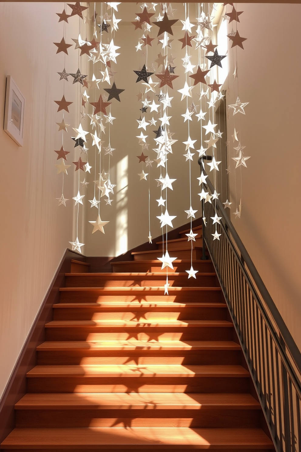 A stunning staircase adorned with hanging stars creates a whimsical atmosphere. The stars are crafted from delicate materials, casting soft shadows on the walls as they sway gently. The staircase itself features elegant wooden steps, complemented by a sleek metal railing. Soft lighting highlights the stars, enhancing the festive spirit of the Memorial Day celebration.