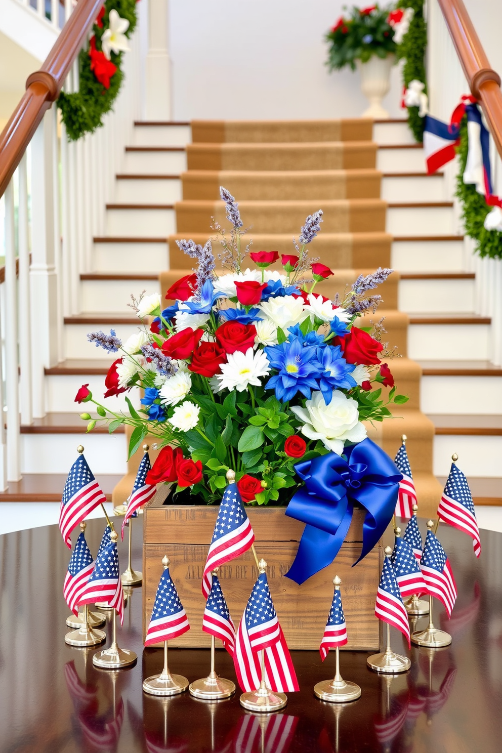 A patriotic table centerpiece is displayed on a beautifully decorated staircase for Memorial Day. The centerpiece features a mix of red white and blue flowers arranged in a rustic wooden box surrounded by small American flags.