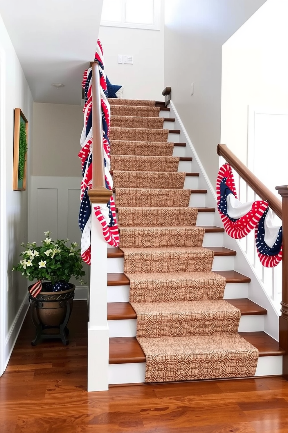 A charming staircase decorated with colorful fabric bunting for Memorial Day. The bunting features red white and blue patterns creating a festive atmosphere.