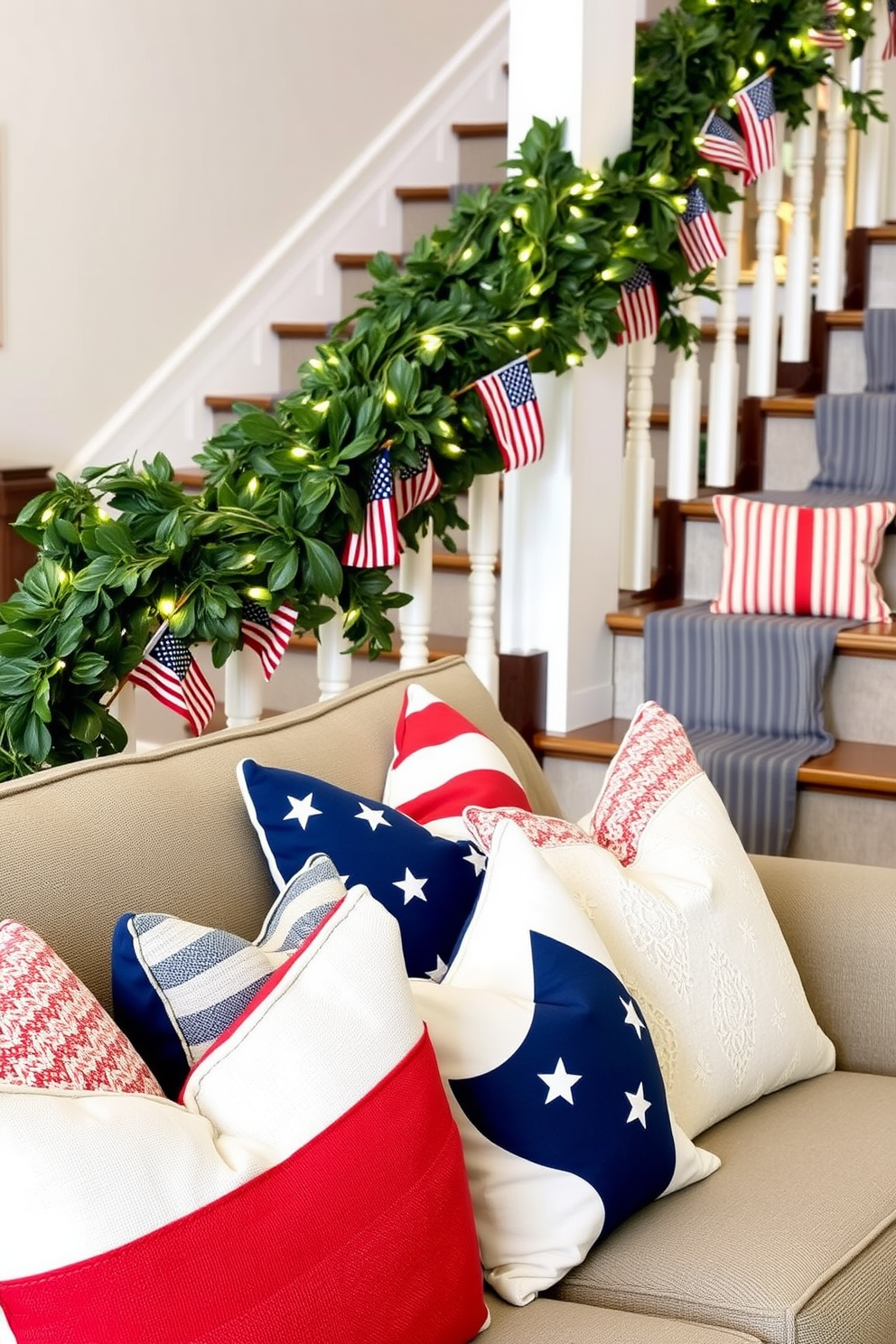 Decorative pillows in patriotic colors are arranged on a stylish sofa, featuring a mix of red, white, and blue fabrics that create a festive atmosphere. The pillows showcase various patterns, including stars and stripes, adding a touch of celebration to the living space. The staircase is adorned with a tasteful garland of greenery intertwined with small American flags and twinkling fairy lights. Each step is highlighted by a carefully placed decorative pillow that complements the patriotic theme, inviting guests to enjoy the seasonal decor.