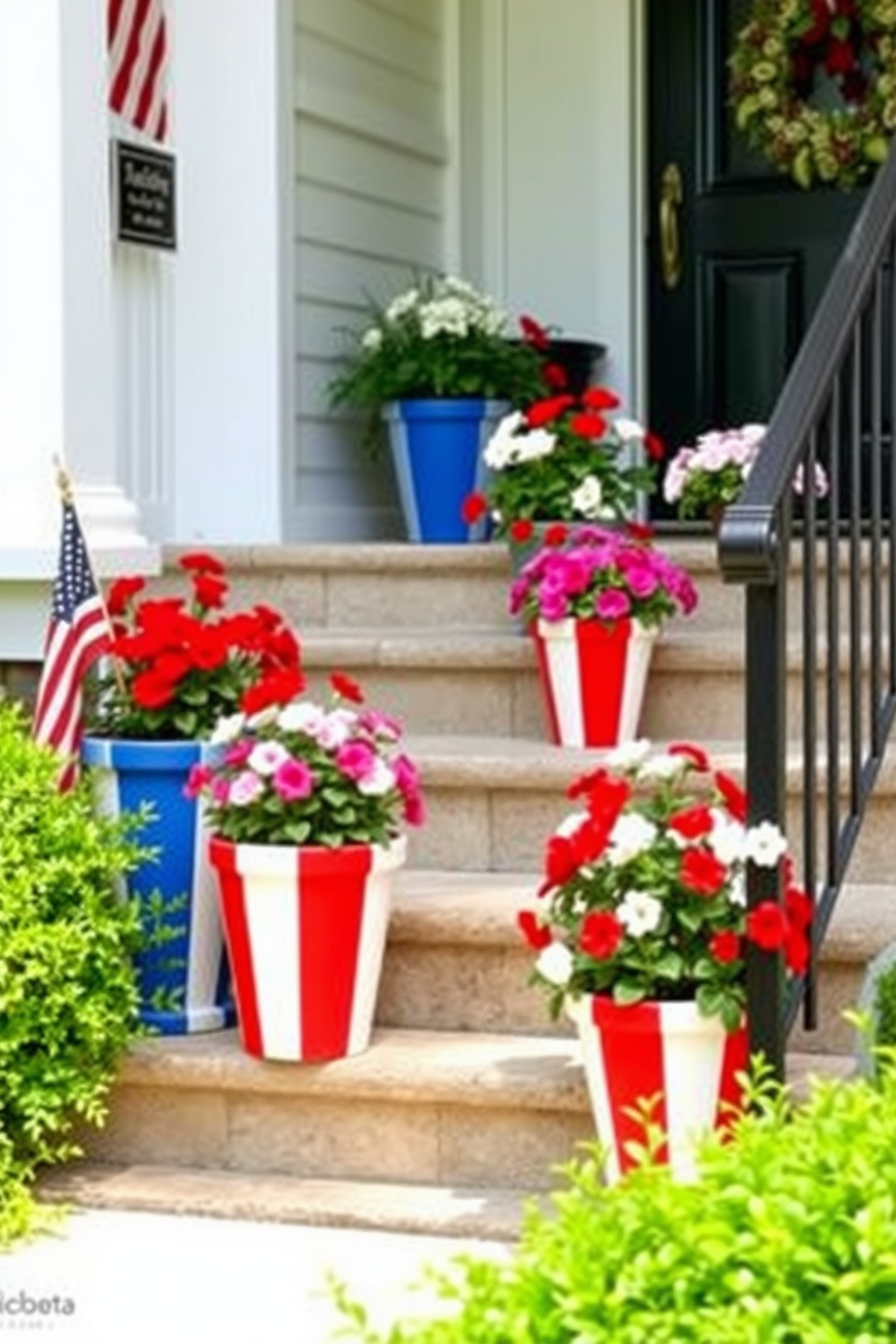 A charming staircase adorned with red white and blue painted planters creates a festive atmosphere for Memorial Day. Each planter is filled with vibrant flowers that complement the patriotic color scheme, enhancing the overall decor.