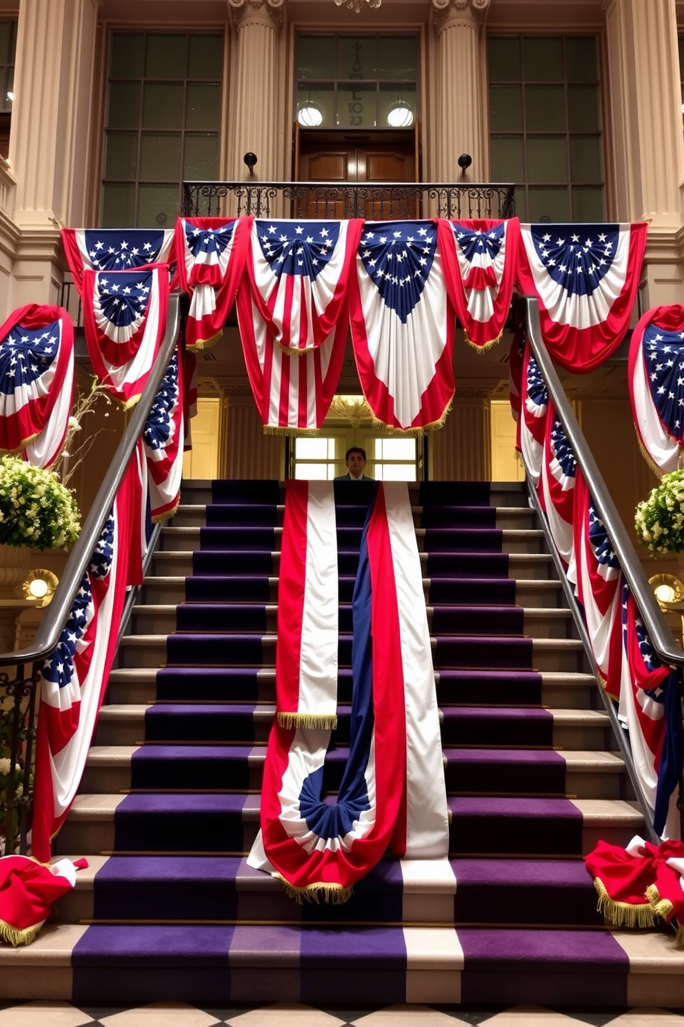 A grand staircase adorned with star-spangled banners cascading elegantly from the railings. The banners are vibrant red white and blue creating a festive atmosphere for Memorial Day celebrations.