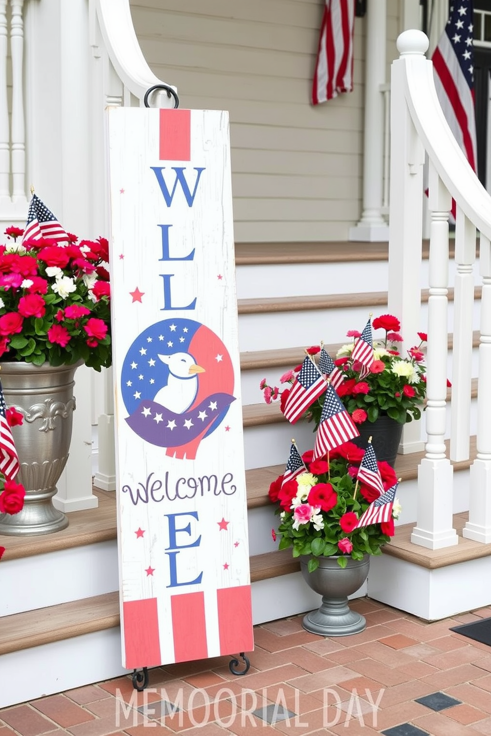 A patriotic themed welcome sign is displayed on the steps, featuring red white and blue colors with stars and stripes. The staircase is adorned with small American flags and seasonal flowers in vibrant hues, creating a festive atmosphere for Memorial Day.