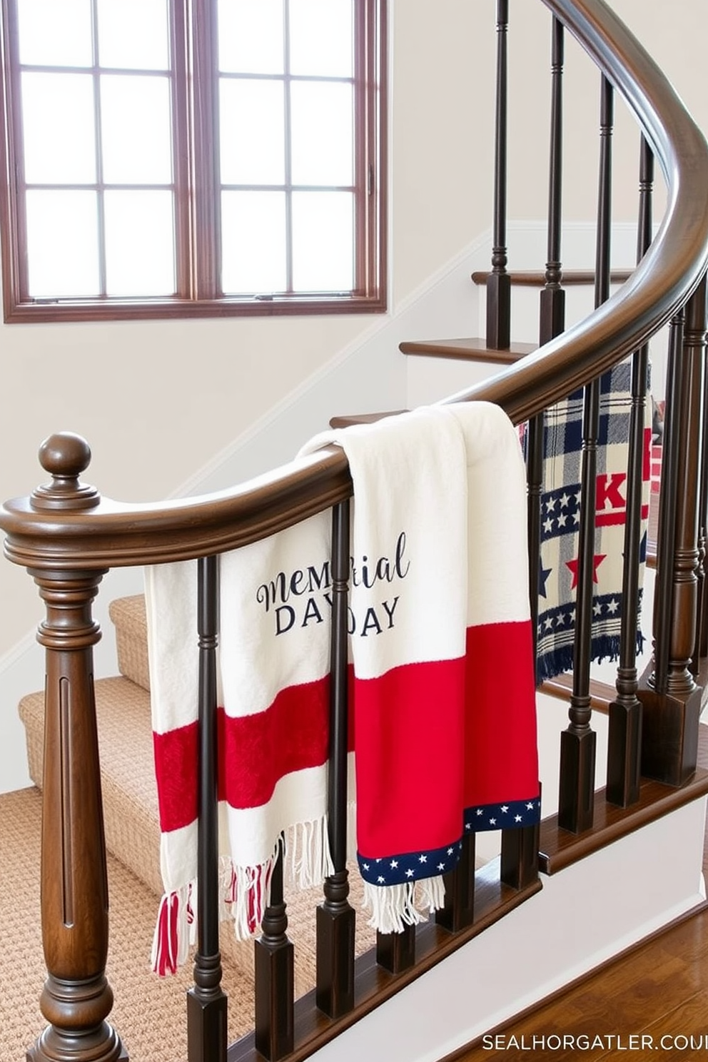 A cozy staircase adorned with seasonal throw blankets draped elegantly over the railing. The blankets feature red white and blue patterns celebrating Memorial Day while adding a touch of warmth to the space.