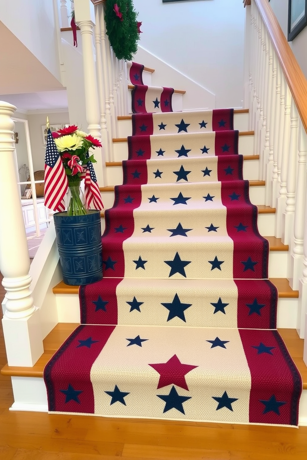 A staircase runner featuring stars and stripes creates a festive and patriotic atmosphere. The runner is adorned with bold red and white stripes interspersed with blue star motifs, perfectly complementing the surrounding decor. The staircase is framed by white banisters and a light wood railing, enhancing the overall brightness of the space. Decorative elements such as small American flags and seasonal flowers are placed along the steps to complete the Memorial Day theme.