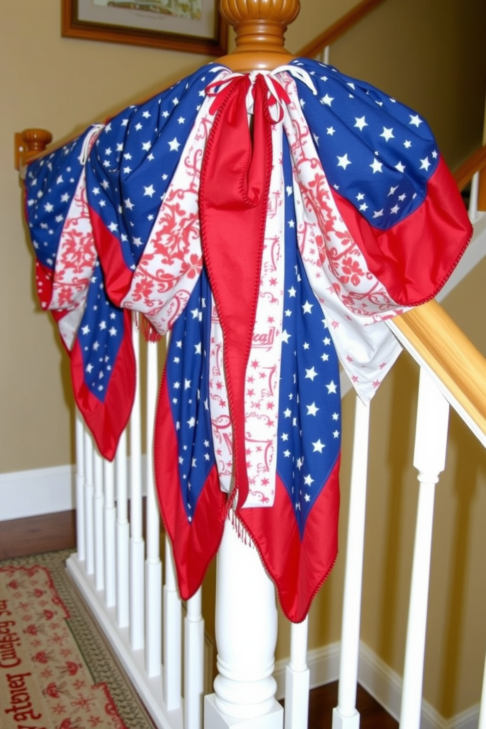 Festive fabric swags drape elegantly along the banister, adding a vibrant touch to the staircase. The swags are adorned with red, white, and blue patterns, celebrating the spirit of Memorial Day.