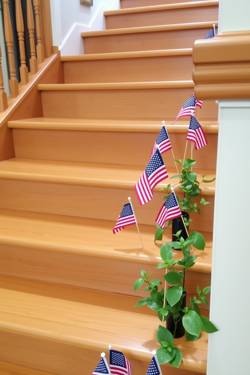 Mini flags are strategically placed along the steps, creating a festive atmosphere for Memorial Day. The vibrant colors of the flags contrast beautifully with the natural wood of the staircase, enhancing the overall decor.