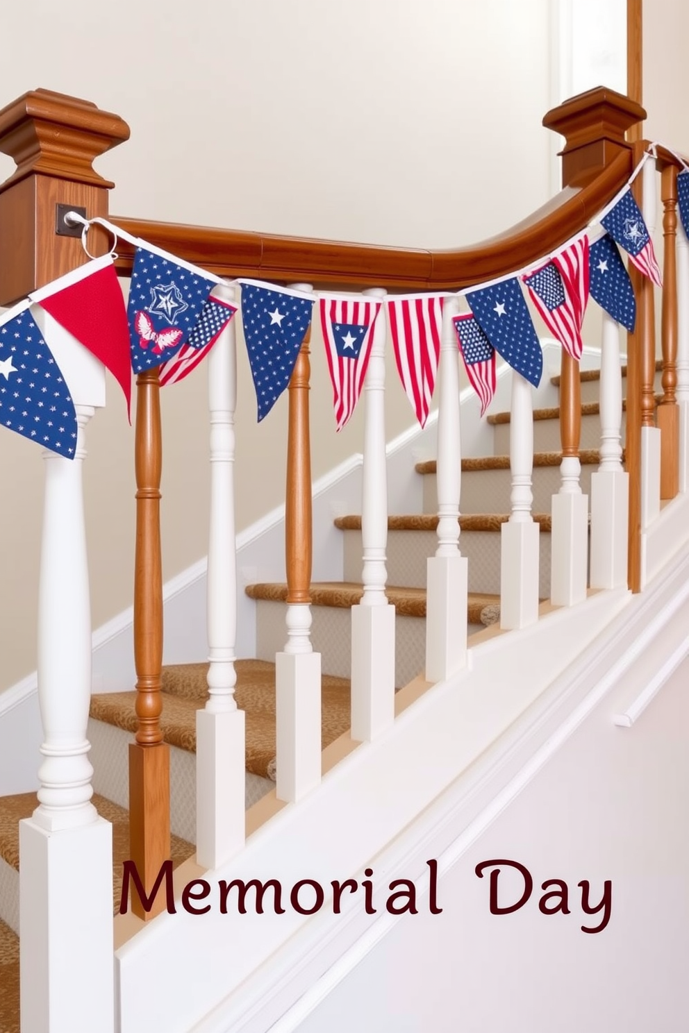 A festive staircase adorned with bunting that celebrates Memorial Day. The colorful flags are strung elegantly across the wooden banister, creating a cheerful and patriotic atmosphere.