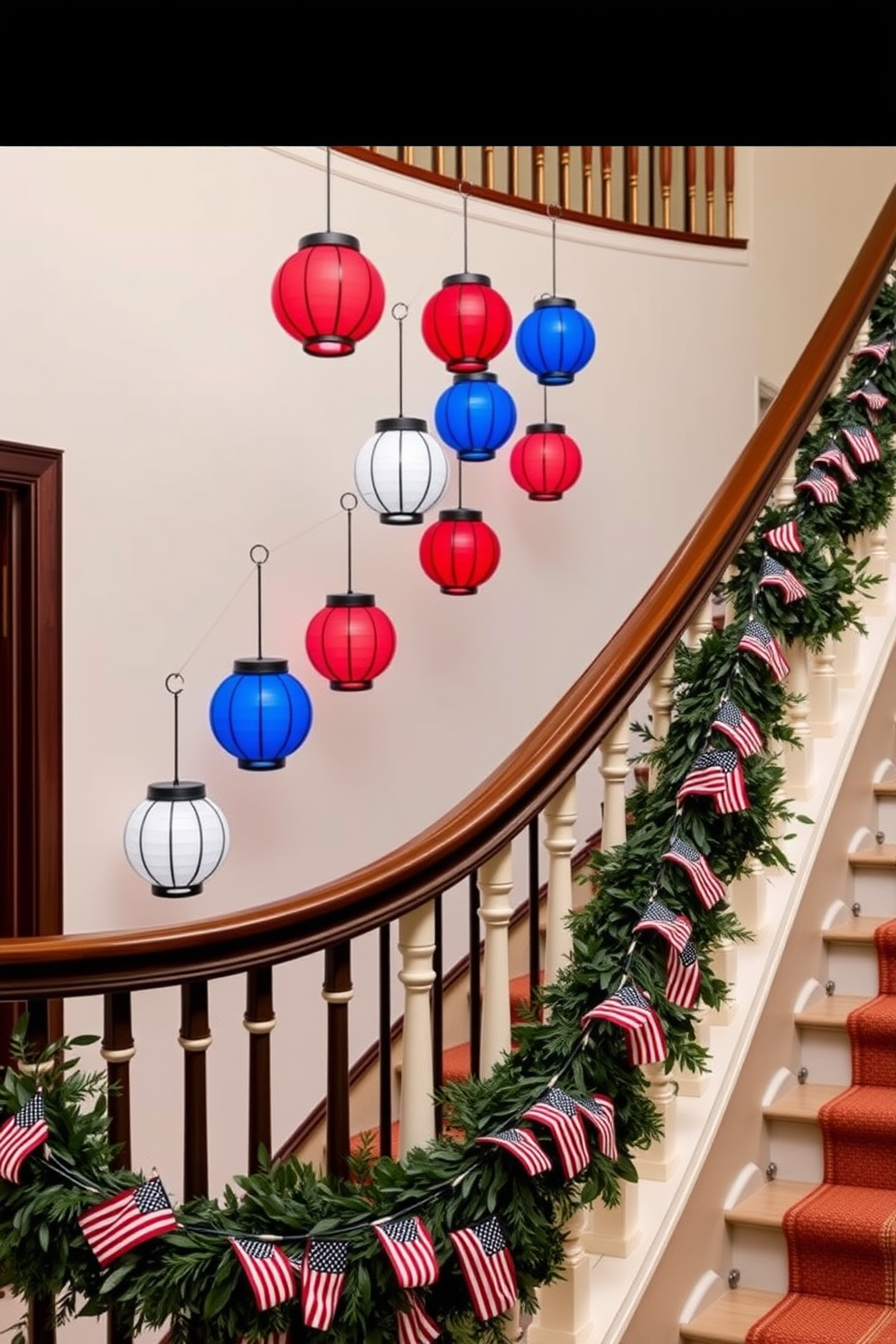 Hanging lanterns in red white and blue are strung along the railing of a grand staircase creating a festive atmosphere for Memorial Day. The staircase is adorned with garlands of greenery intertwined with small flags adding a touch of elegance and patriotism to the decor.