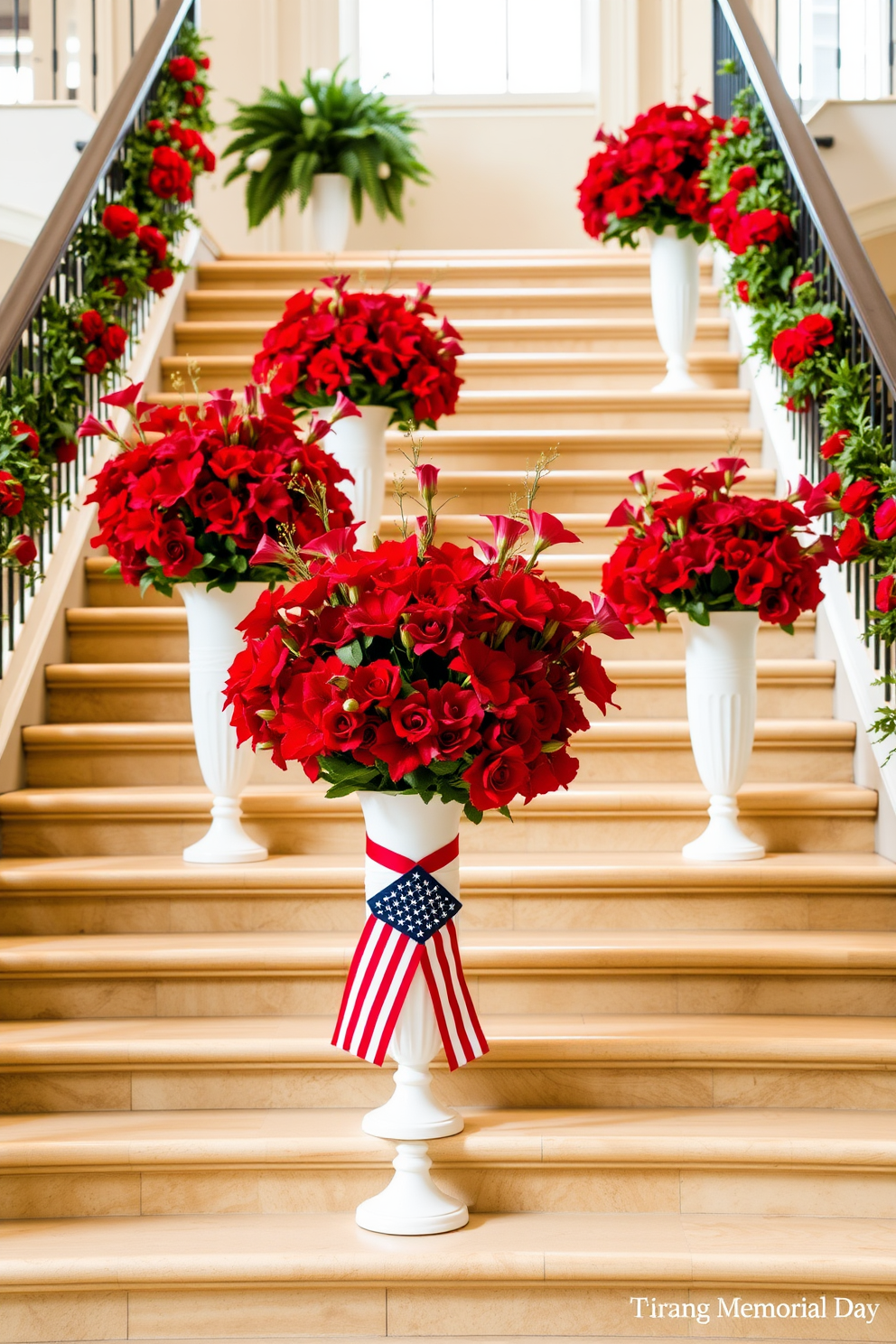 A stunning staircase adorned with red flowers in elegant white vases. The vibrant blooms create a striking contrast against the soft hues of the steps, enhancing the overall decor for Memorial Day celebrations.